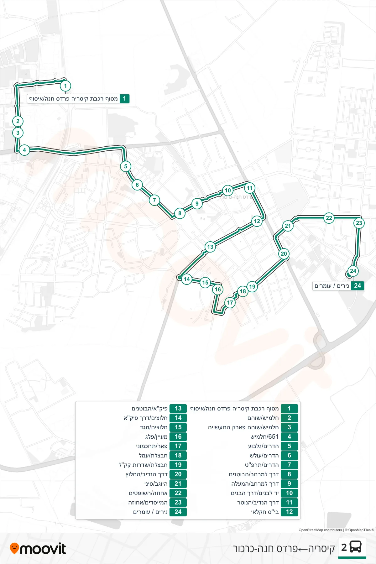 2 bus Line (Caesarea‎→Pardes Hanna-Karkur) route and stops on a map