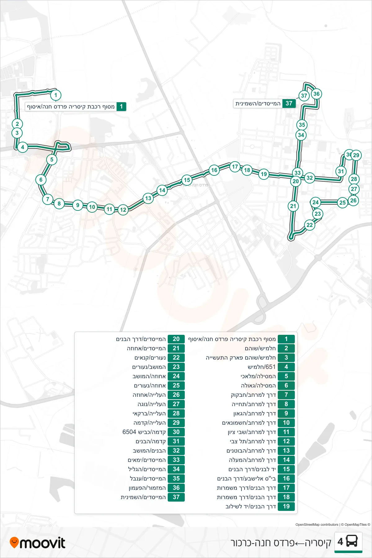 4  Line (Caesarea‎→Pardes Hanna-Karkur) route and stops on a map