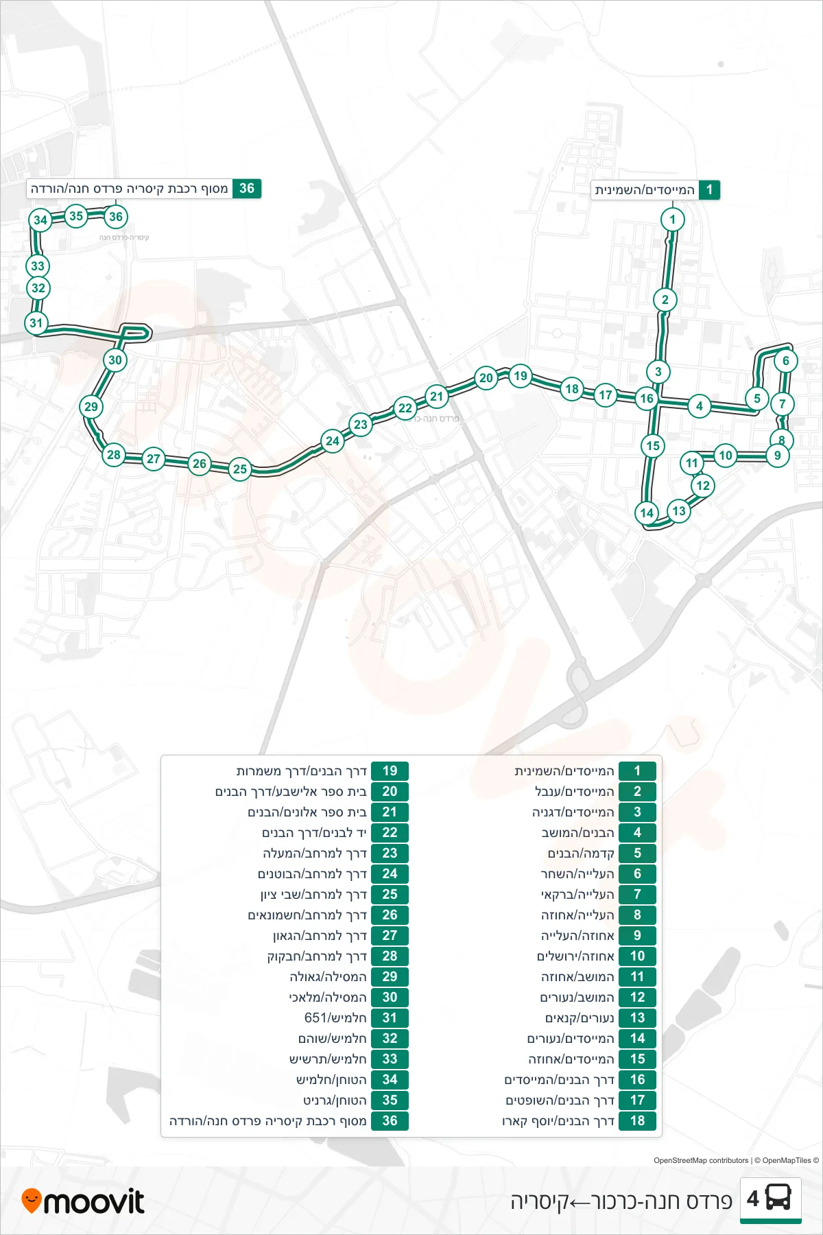 4 bus Line (Pardes Hanna-Karkur‎→Caesarea) route and stops on a map
