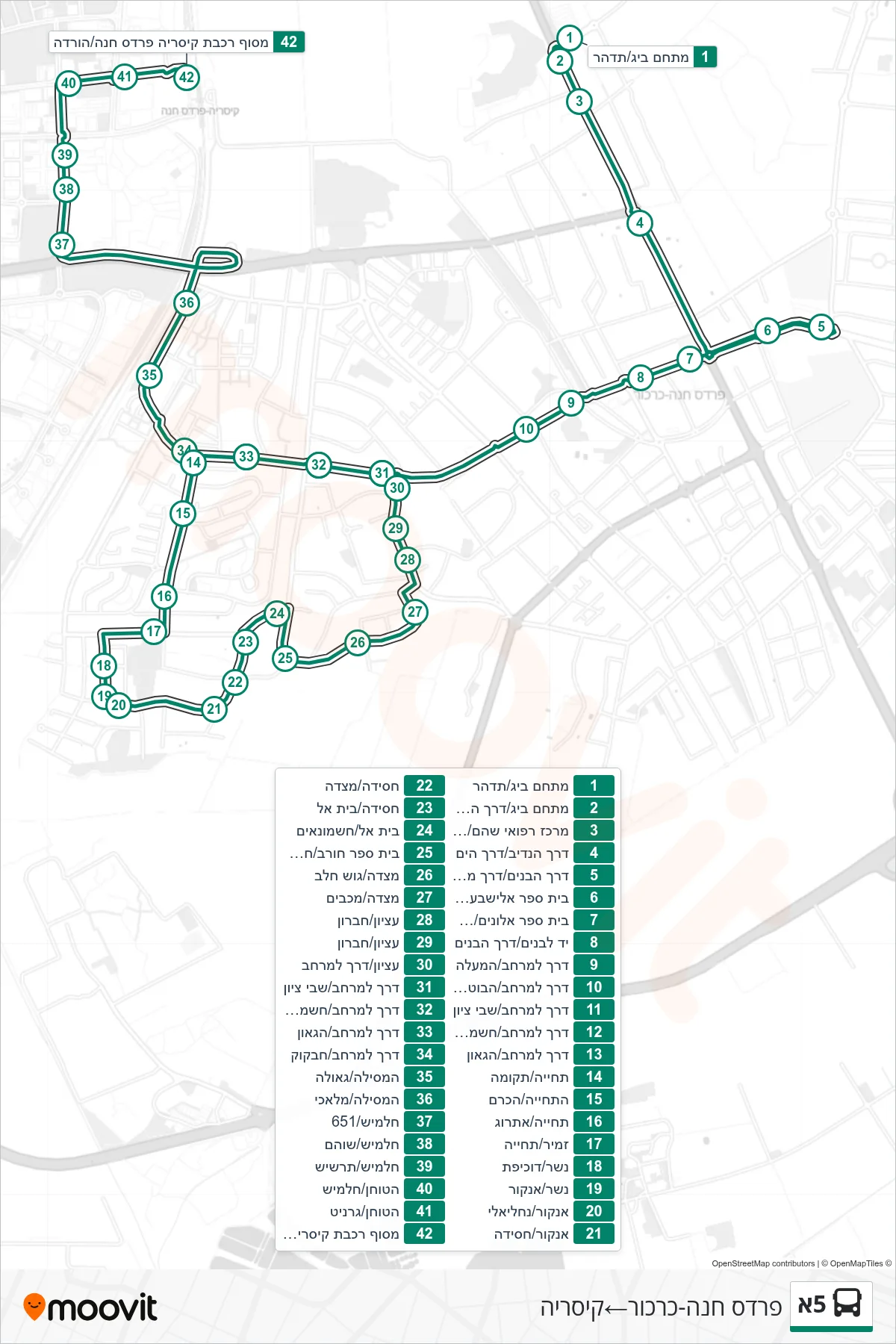 5A bus Line (Pardes Hanna-Karkur‎→Caesarea) route and stops on a map