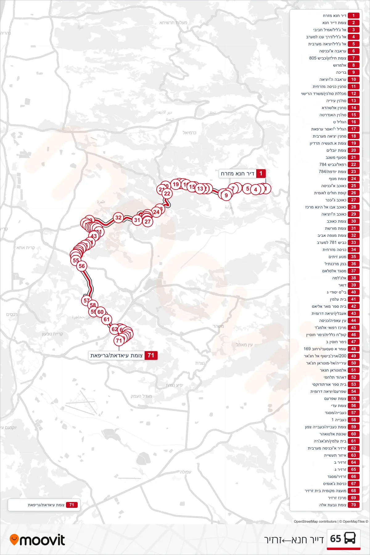 65 bus Line (Deir Hanna‎→Zarzir) route and stops on a map