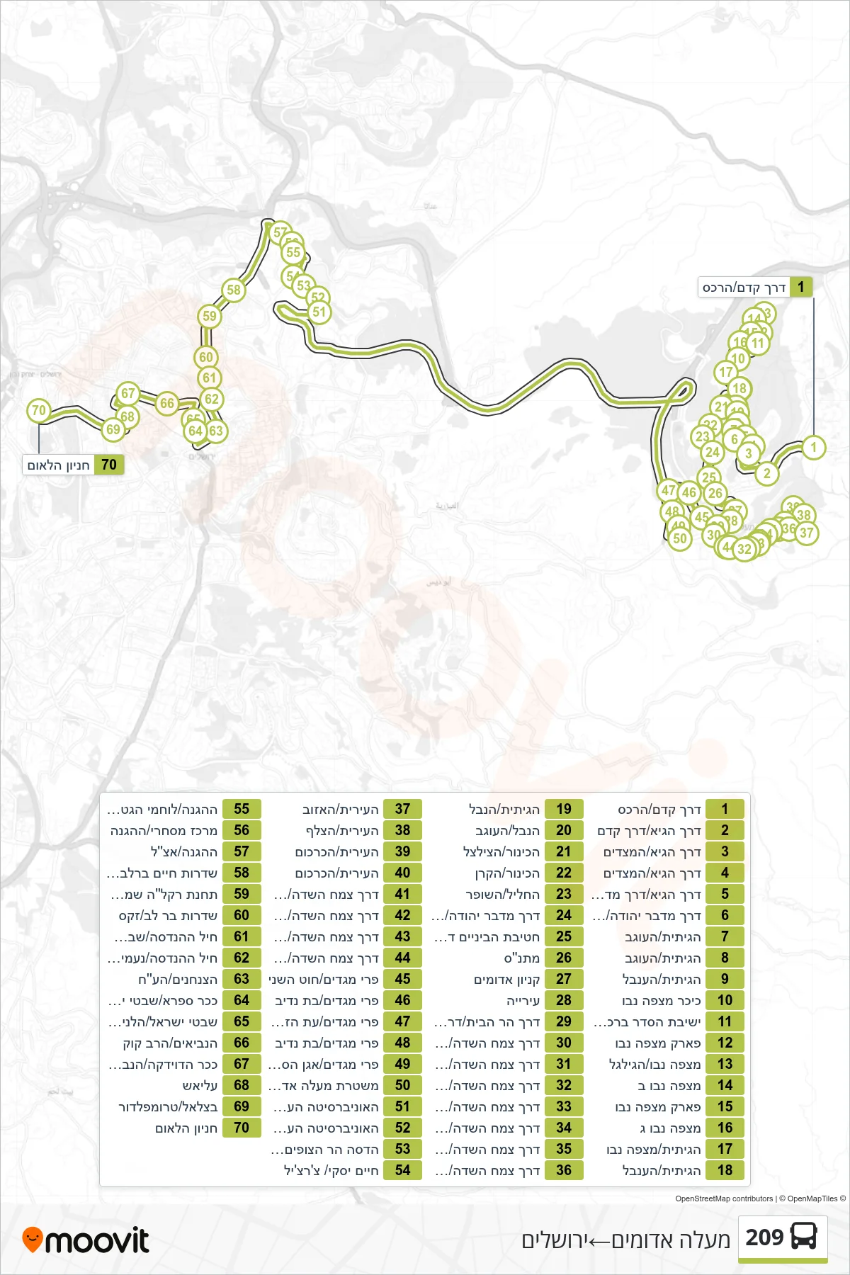 209 bus Line (Ma'ale Adumim‎→Jerusalem) route and stops on a map