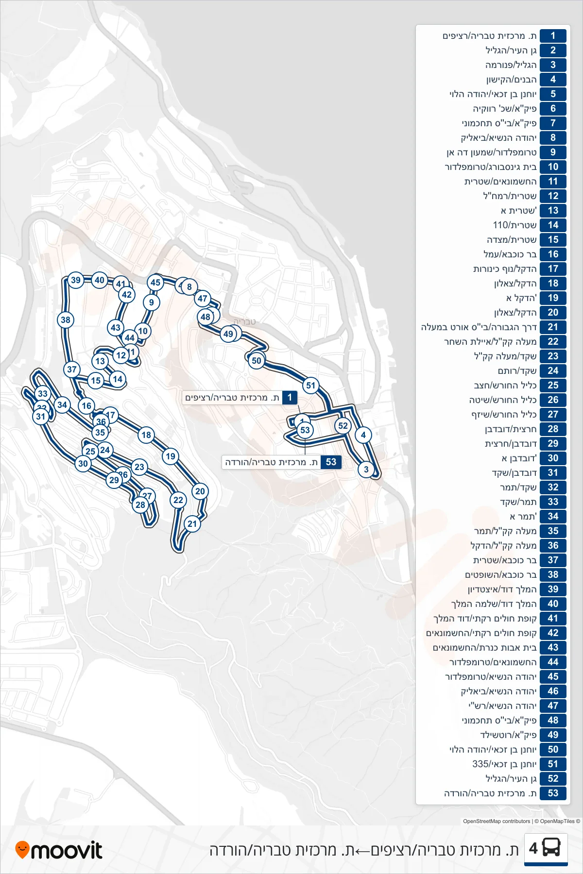 4  Line (Tiberias Central Station/Platforms‎→Tiberias Central Station/Drop Off) route and stops on a map
