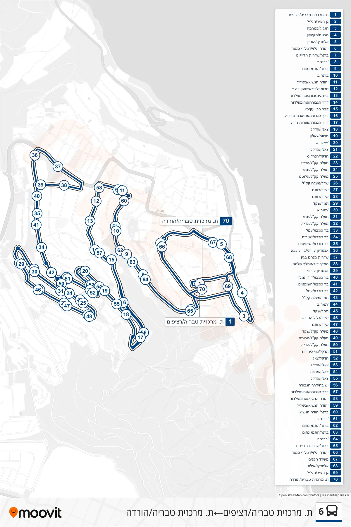 6 bus Line (Tiberias Central Station/Platforms‎→Tiberias Central Station/Drop Off) route and stops on a map
