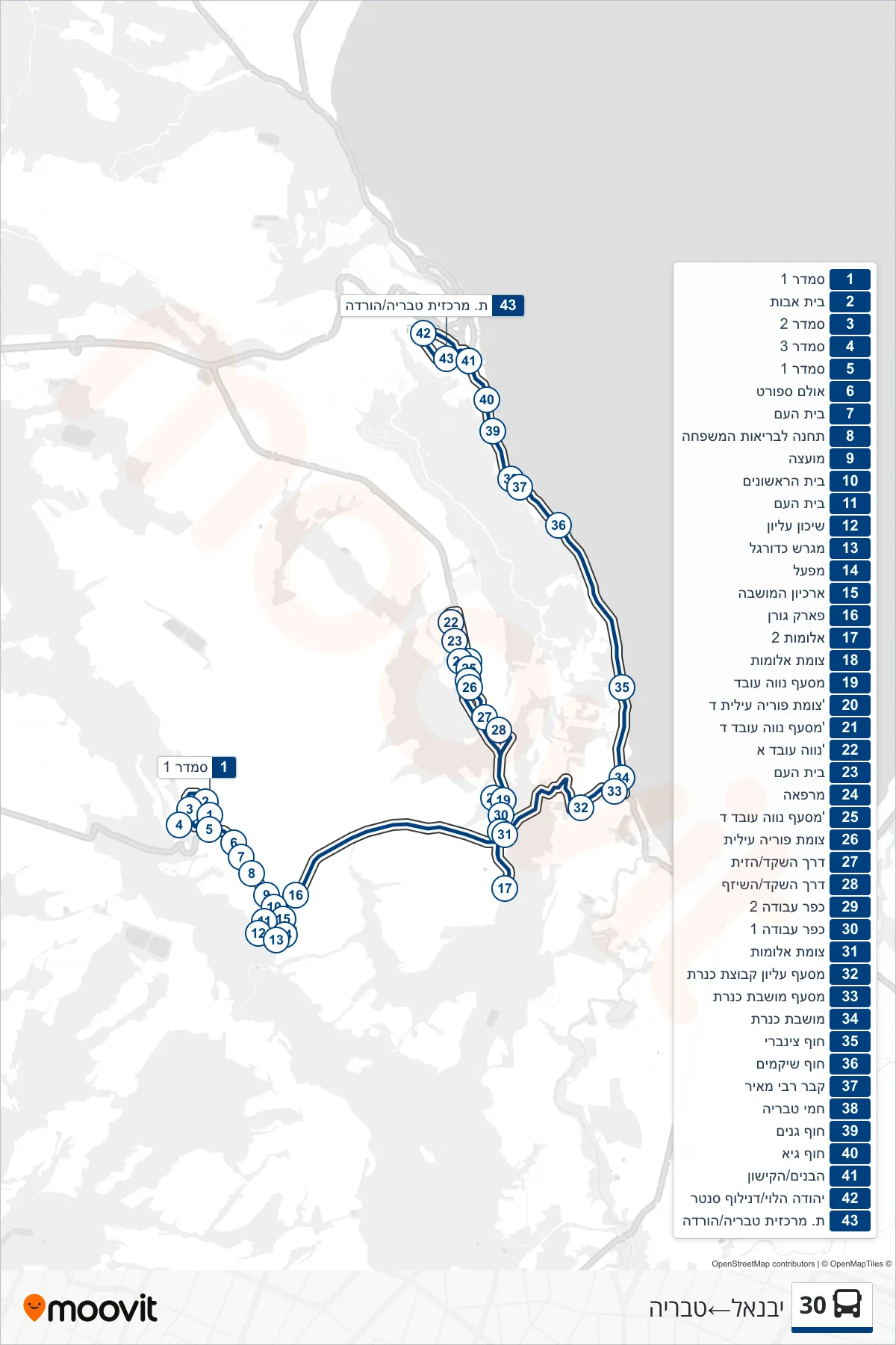30 bus Line (Yavne'el‎→Tiberias) route and stops on a map
