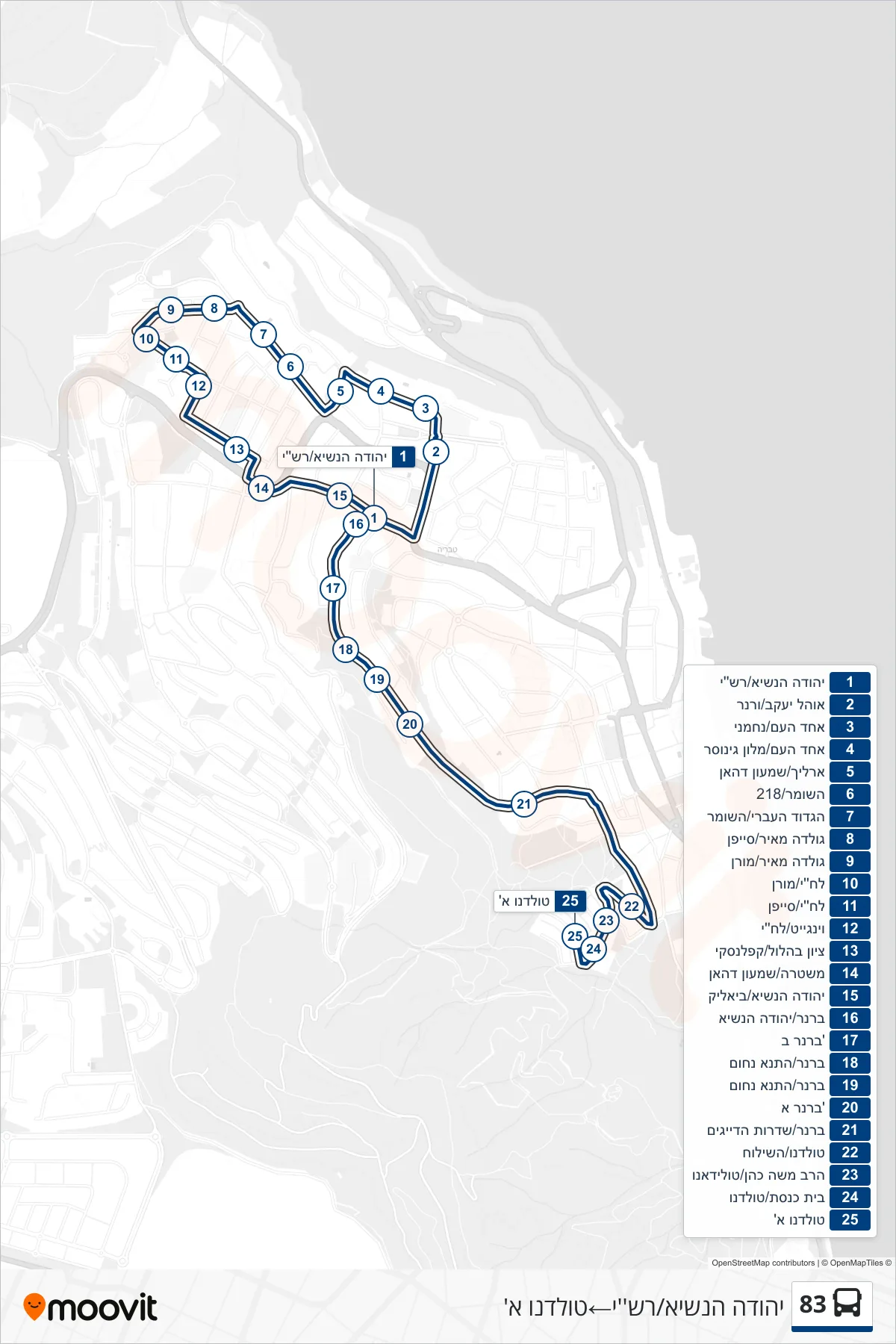 83 bus Line (Yehuda HaNasi/Rashi→Toledano A) route and stops on a map