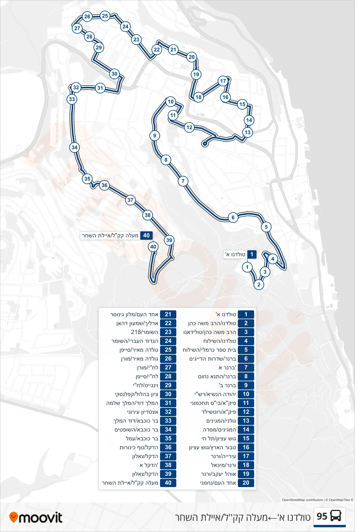 95 bus Line (Toledano A‎→Ma'ale KKL/Ayelet HaShachar) route and stops on a map