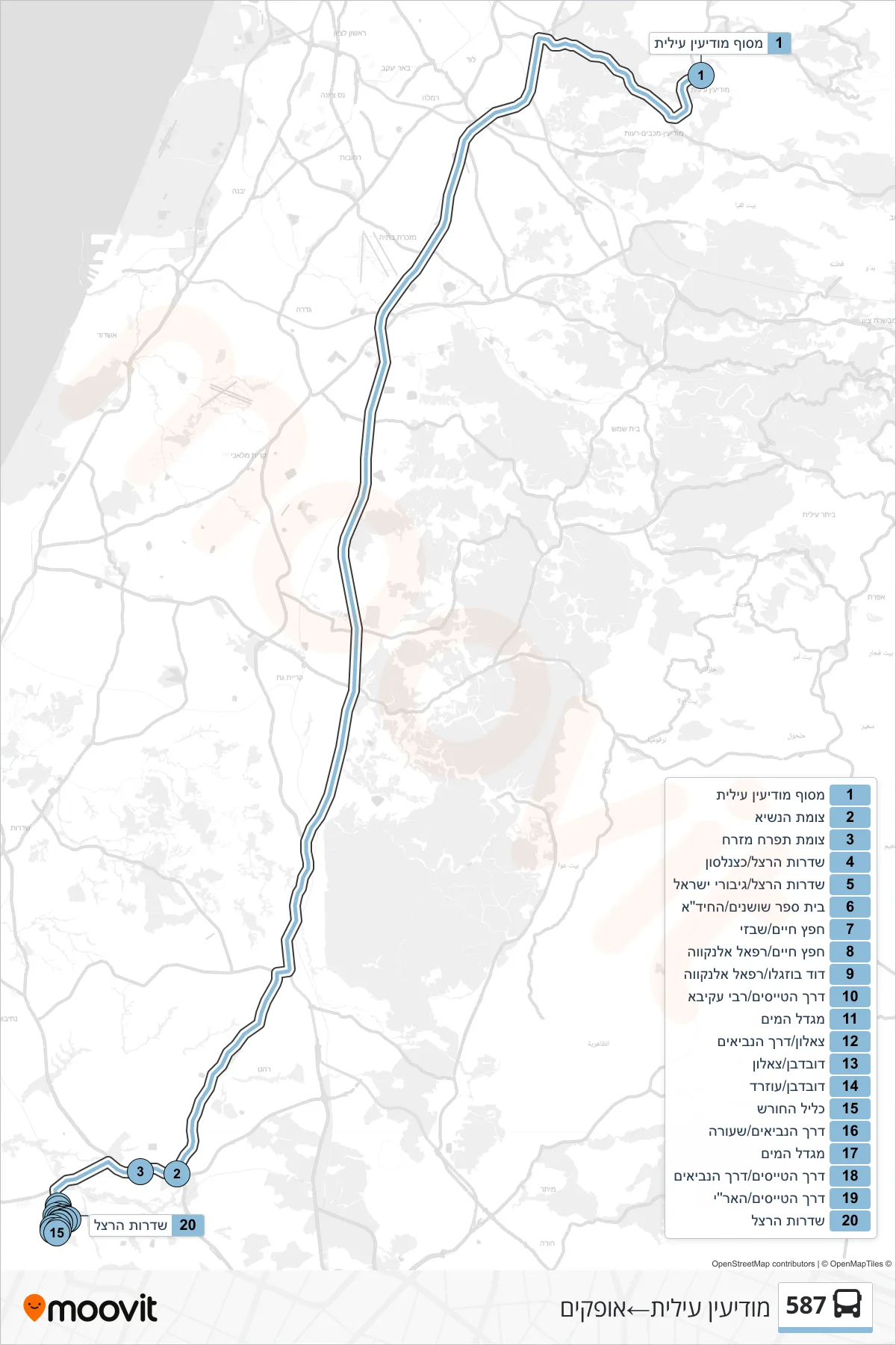 587 bus Line (Modi'in Illit‎→Ofakim) route and stops on a map