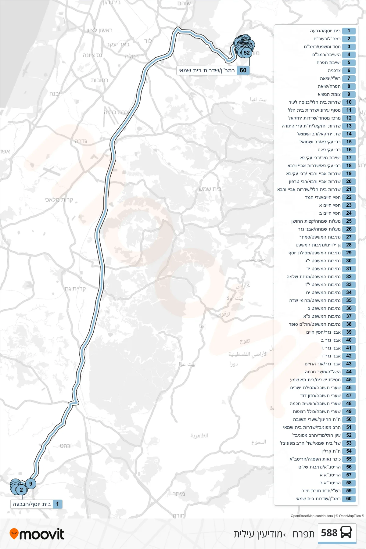 588 bus Line (Tifrach‎→Modi'in Illit) route and stops on a map