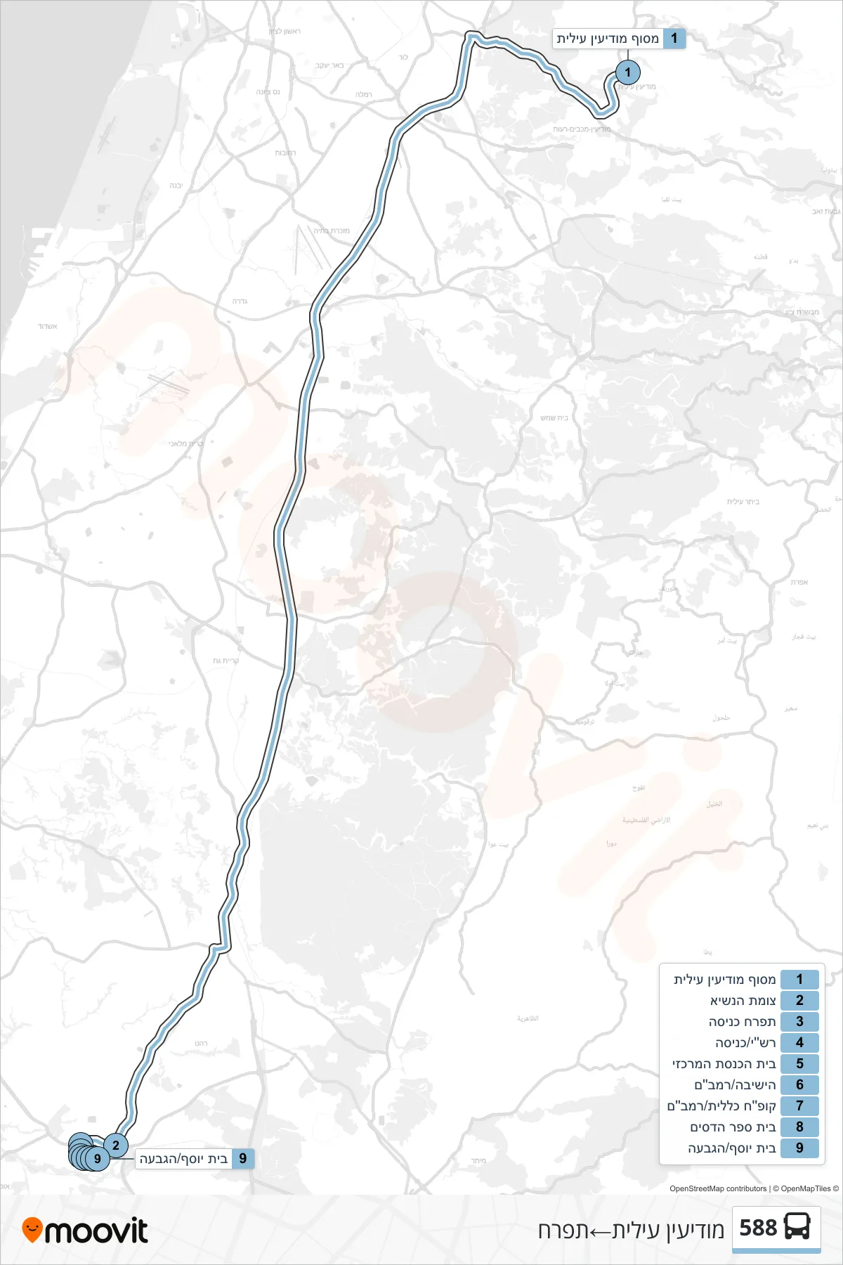 588 bus Line (Modi'in Illit‎→Tifrach) route and stops on a map