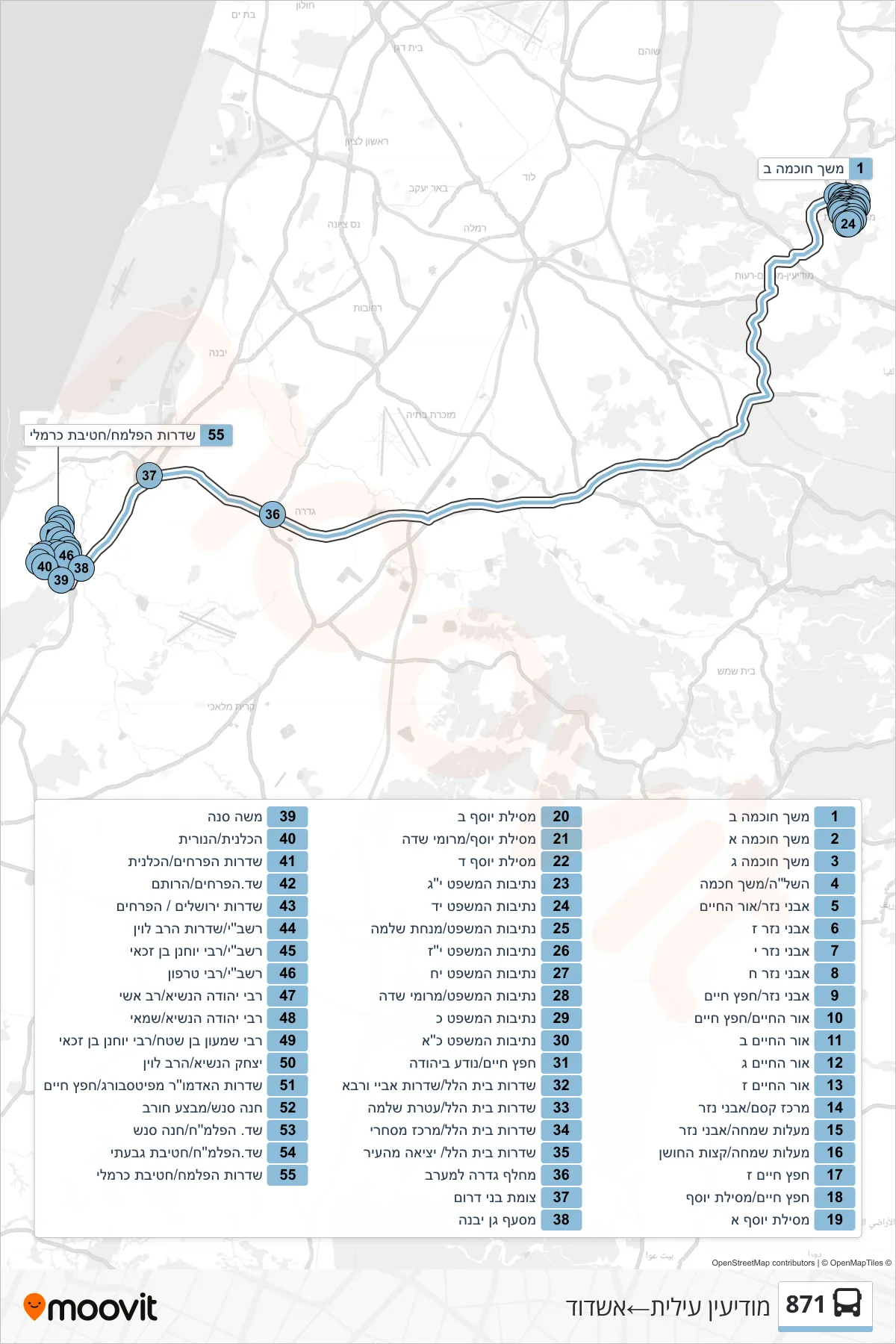 871 bus Line (Modi'in Illit→Ashdod) route and stops on a map