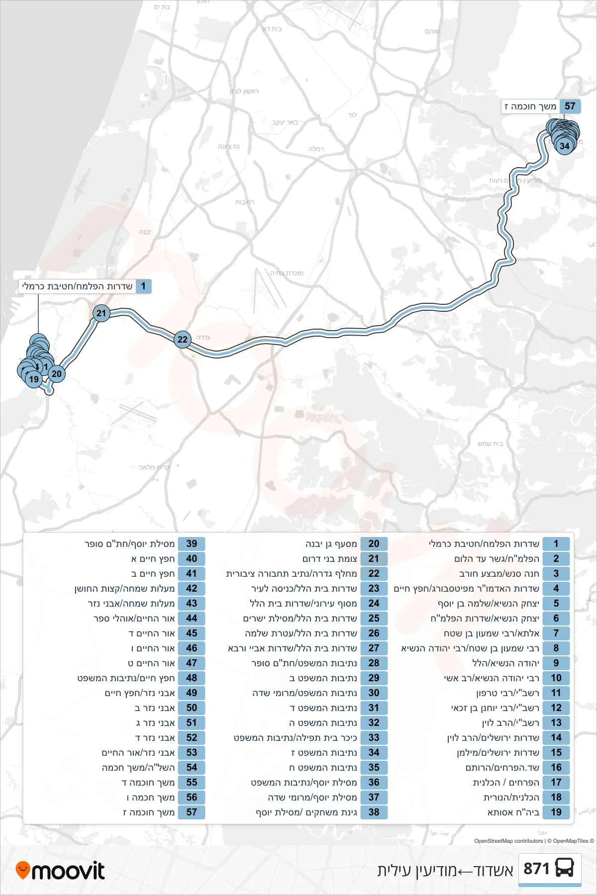 871 bus Line (Ashdod→Modi'in Illit) route and stops on a map