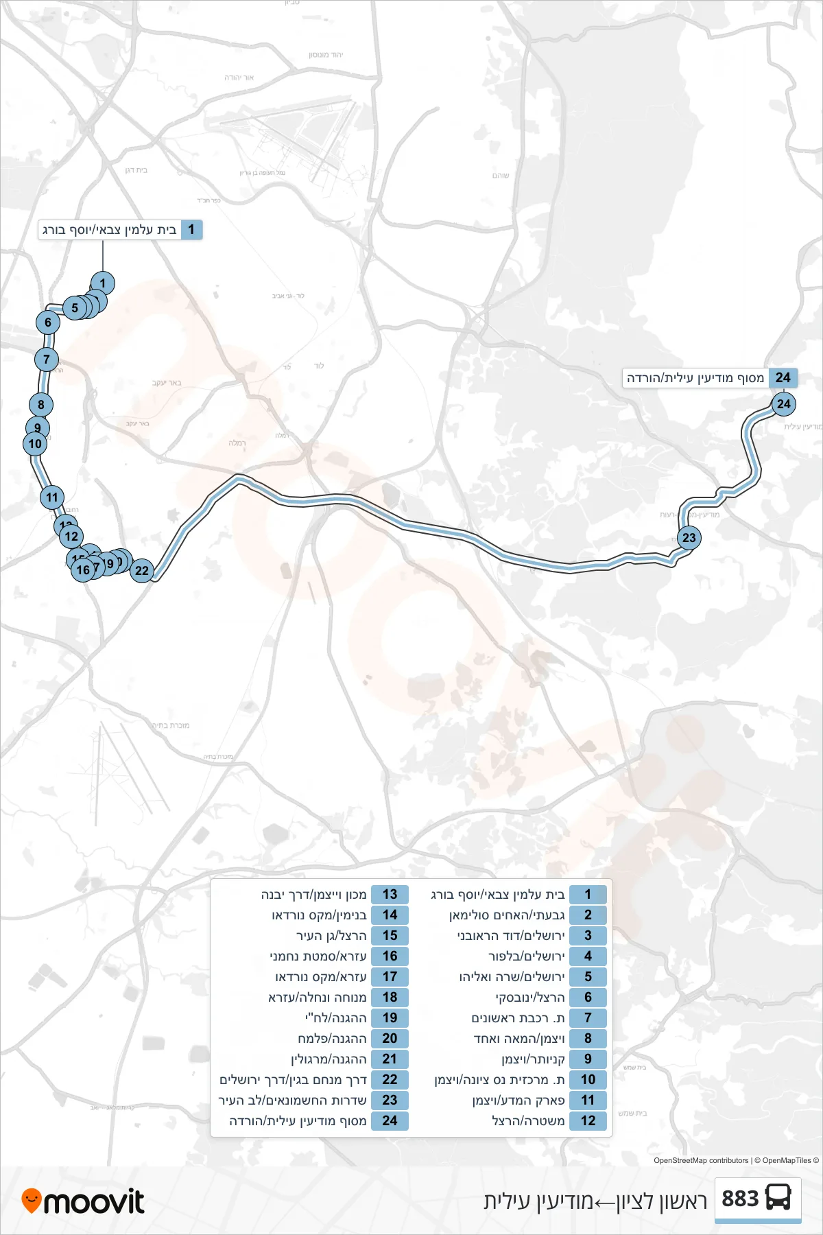 883 bus Line (Rishon LeZion‎→Modi'in Illit) route and stops on a map