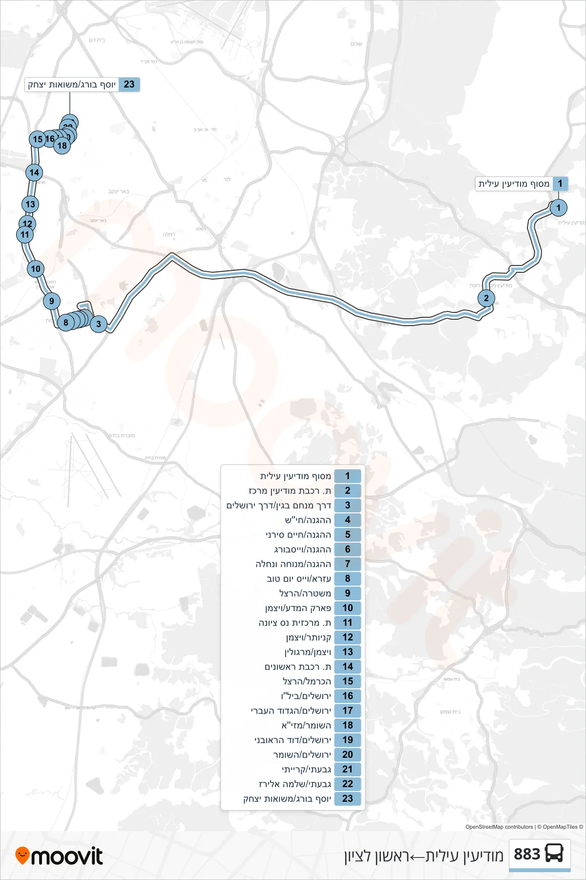 883 bus Line (Modi'in Illit‎→Rishon LeZion) route and stops on a map