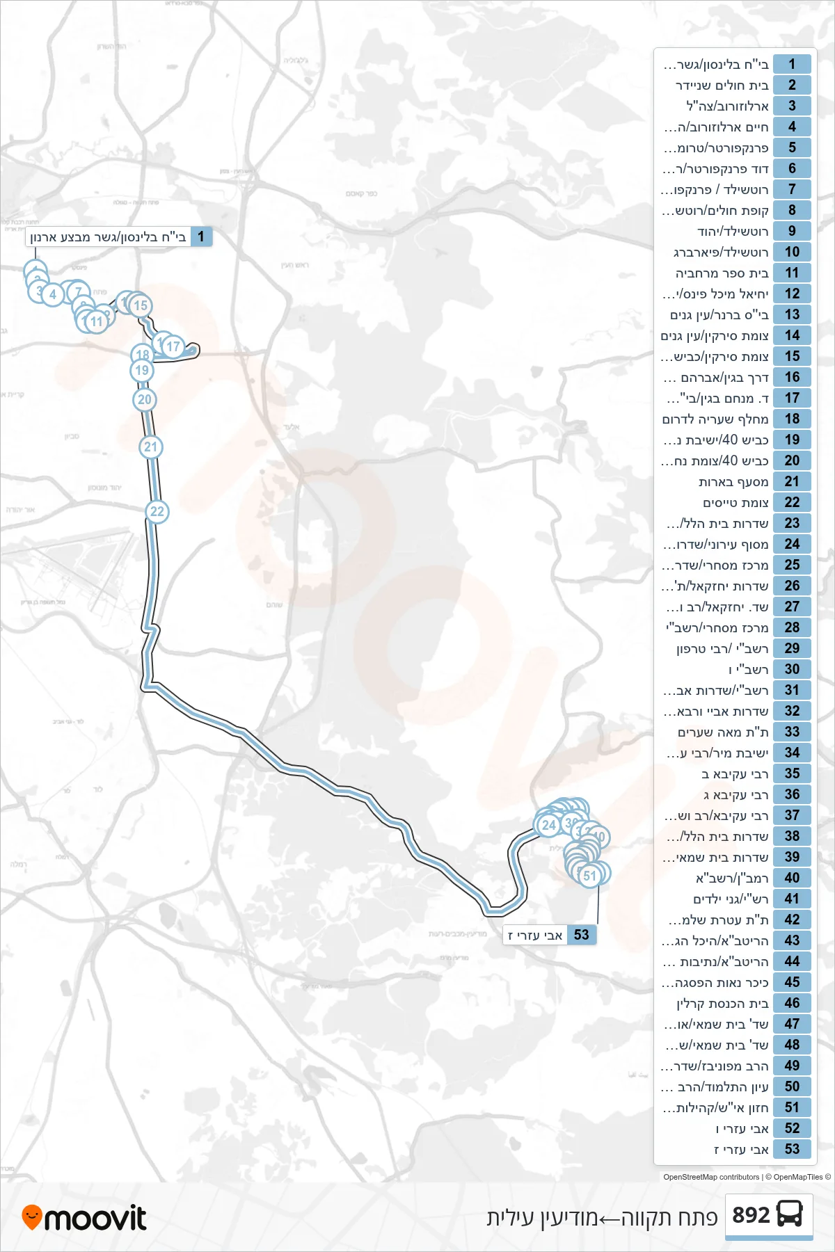 892 bus Line (Petah Tikva‎→Modi'in Illit) route and stops on a map