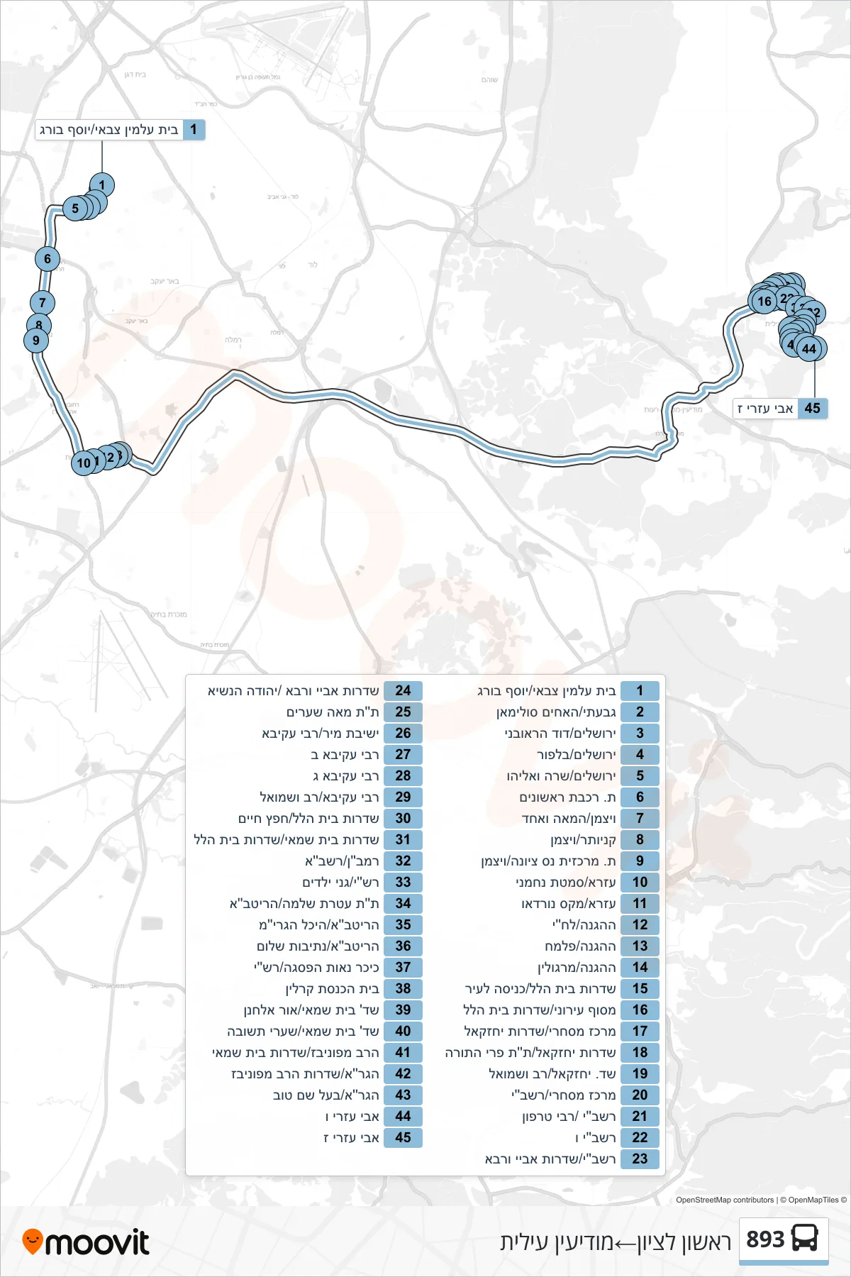 893 bus Line (Rishon LeZion‎→Modi'in Illit) route and stops on a map