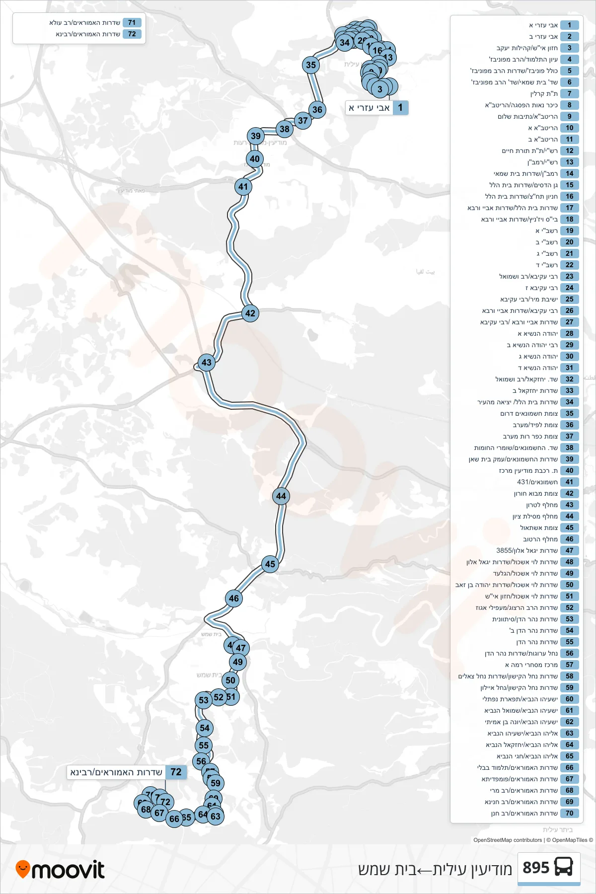 895 bus Line (Modi'in Illit→Beit Shemesh) route and stops on a map
