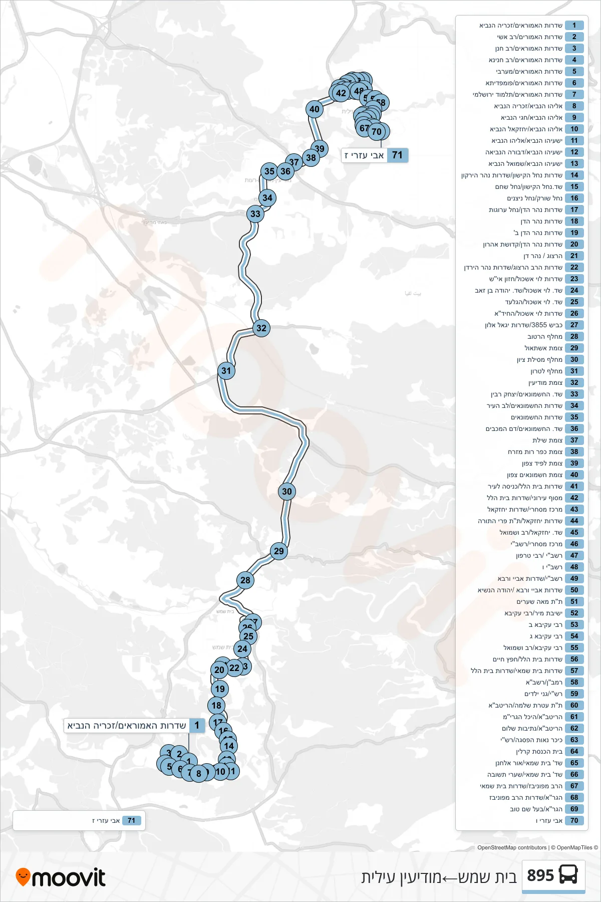 895 bus Line (Beit Shemesh‎→Modi'in Illit) route and stops on a map