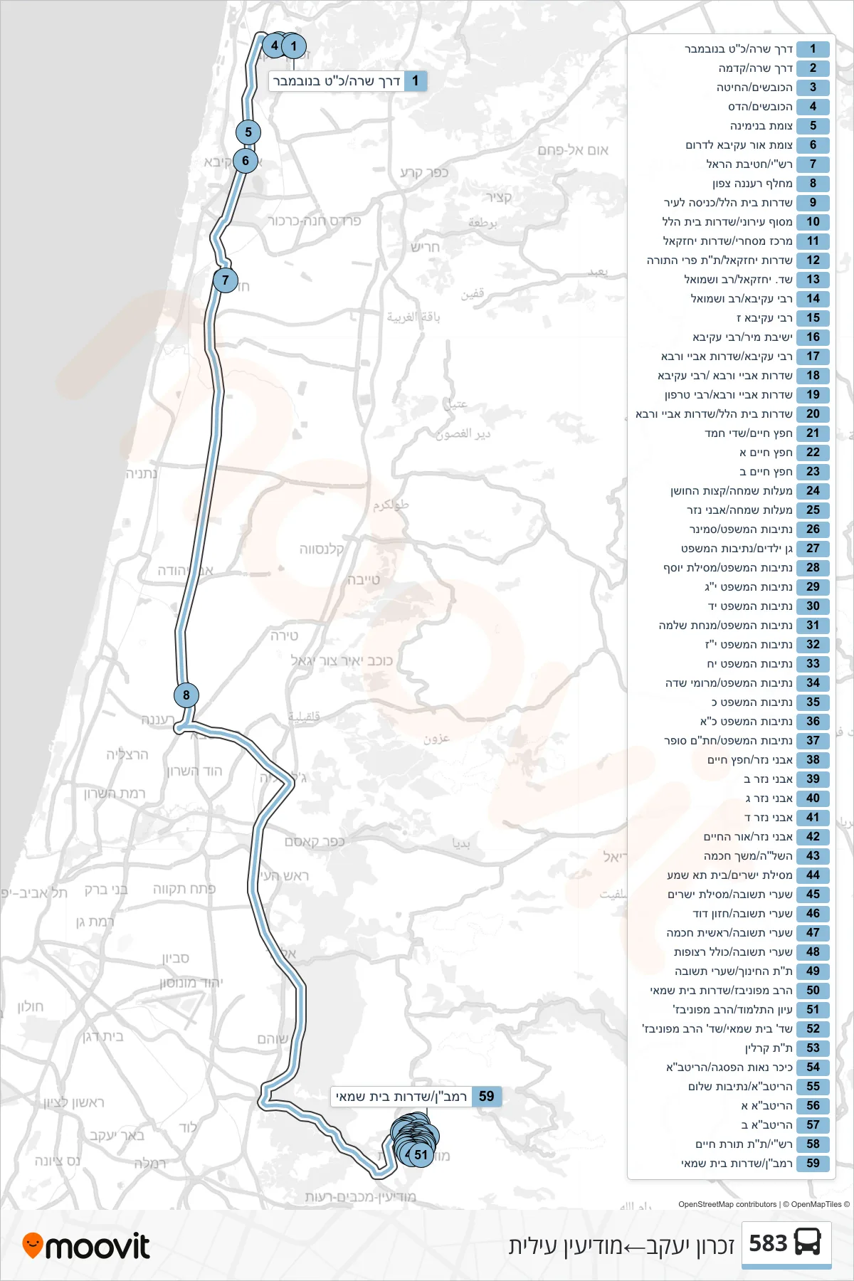 583 bus Line (Zikhron Ya'akov‎→Modi'in Illit) route and stops on a map