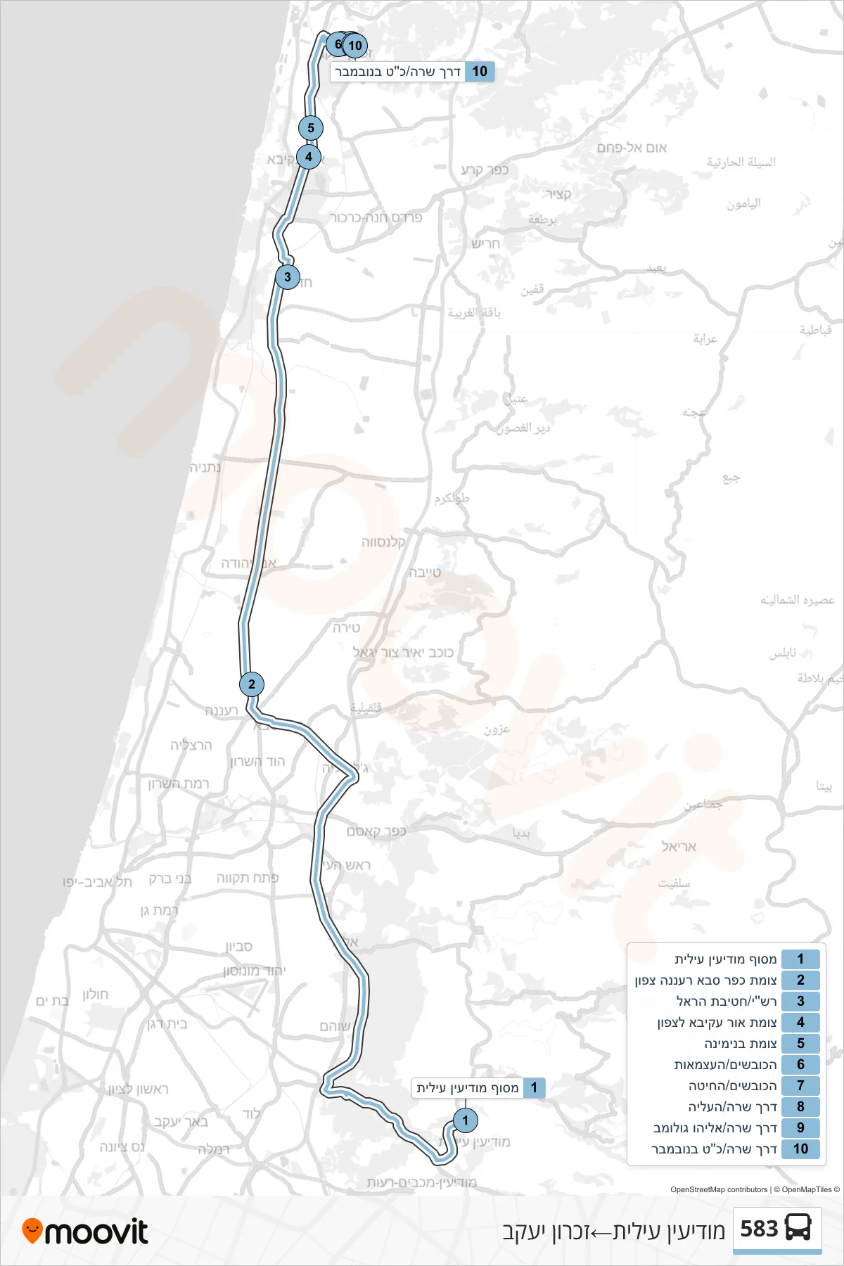 583 bus Line (Modi'in Illit→Zikhron Ya'akov) route and stops on a map