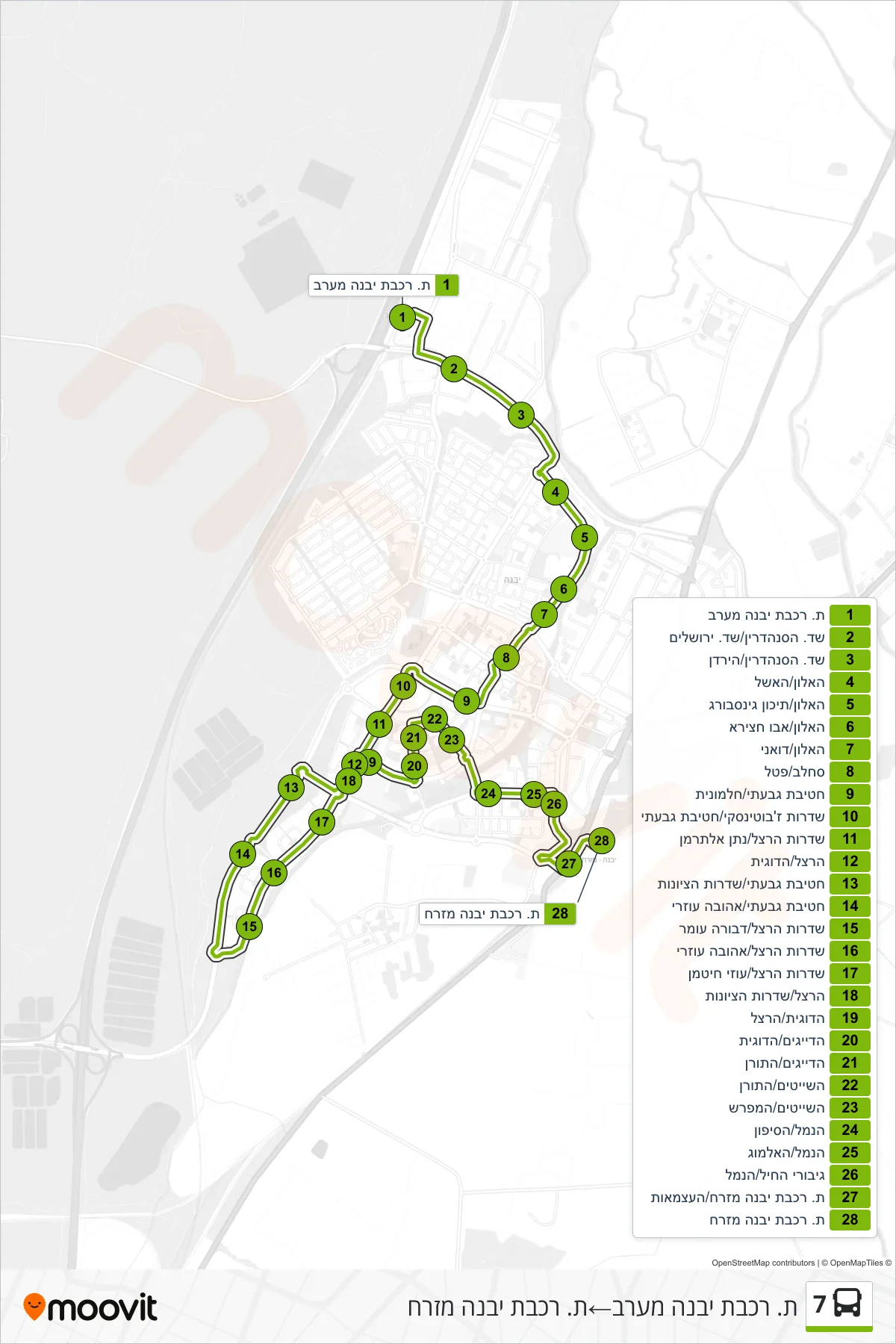7 bus Line (Yavne West Railway Station‎→Yavne East Railway Station) route and stops on a map