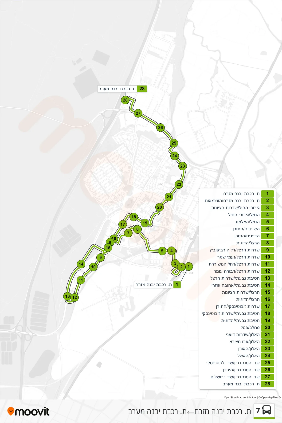 7 bus Line (Yavne East Railway Station‎→Yavne West Railway Station) route and stops on a map