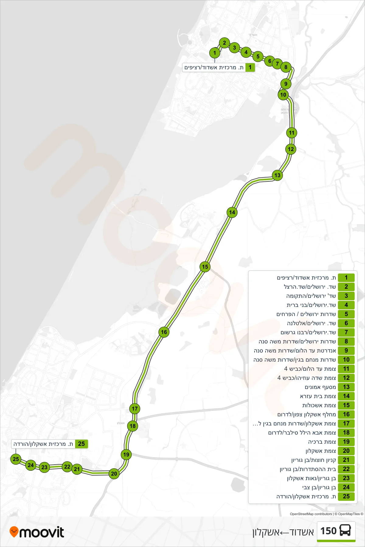 150 bus Line (Ashdod‎→Ashkelon) route and stops on a map