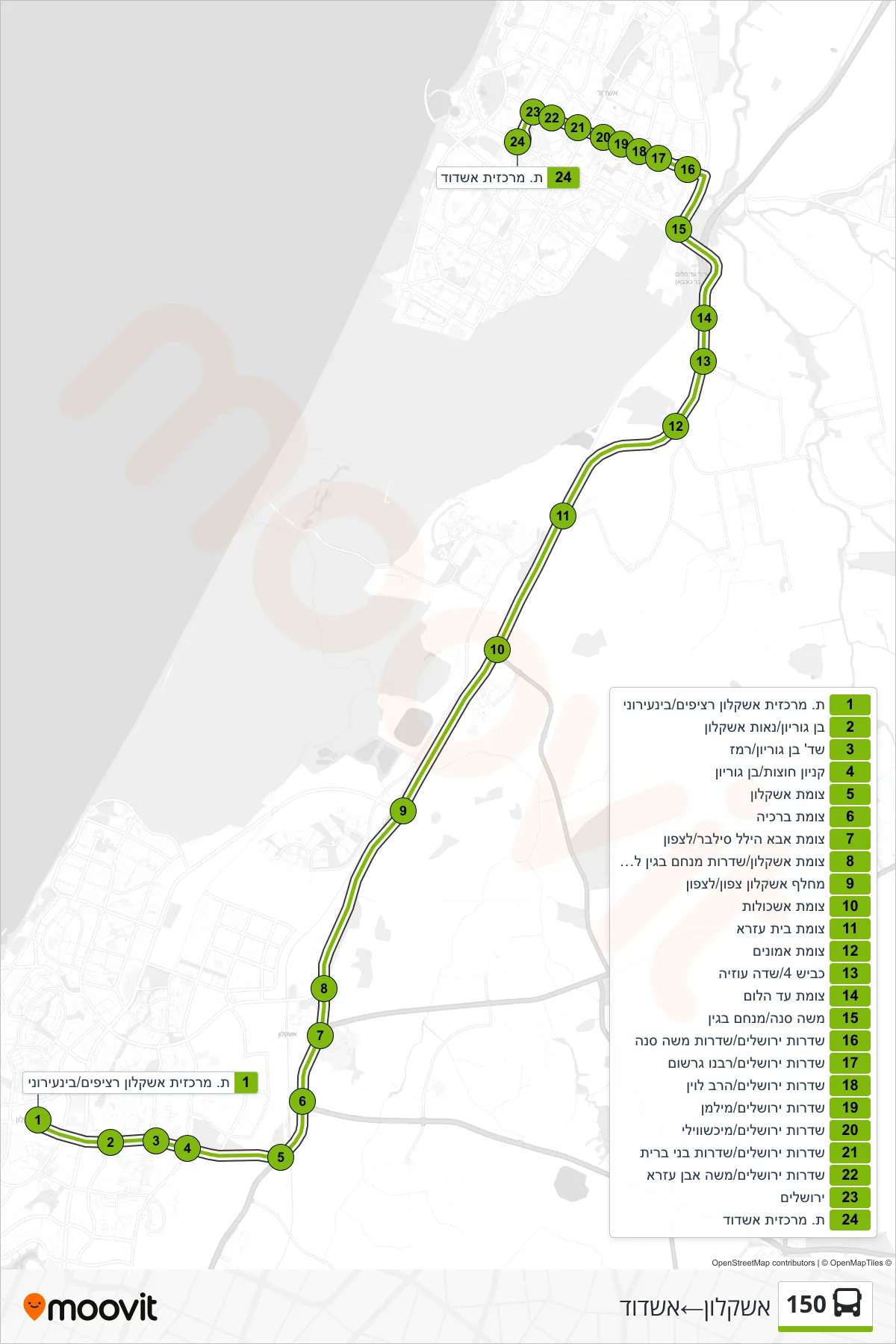 150 bus Line (Ashkelon‎→Ashdod) route and stops on a map