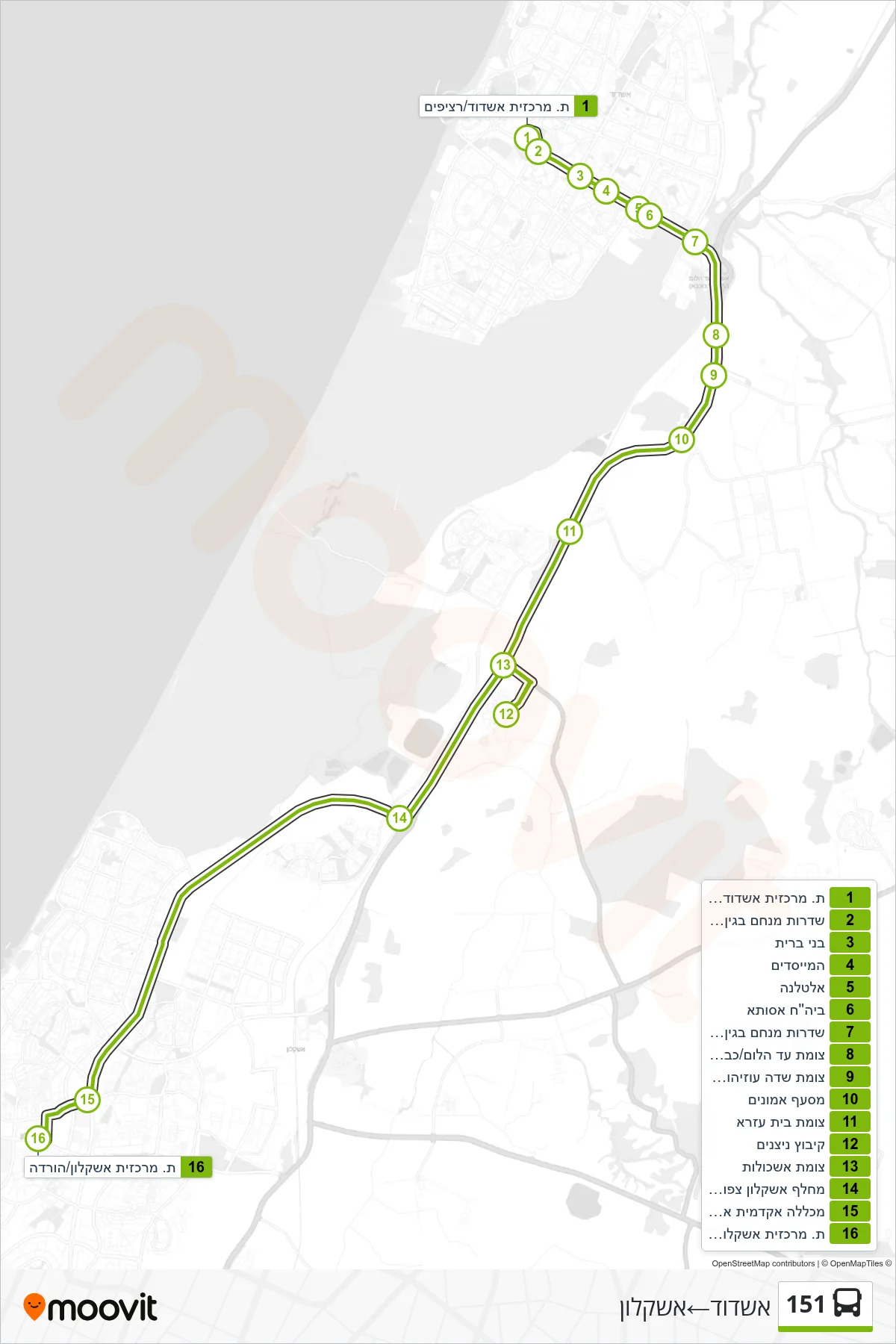 151 bus Line (Ashdod‎→Ashkelon) route and stops on a map
