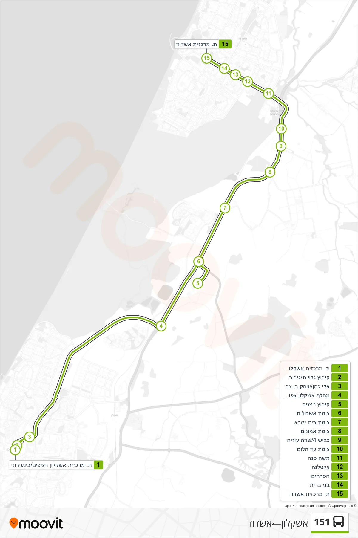 151 bus Line (Ashkelon‎→Ashdod) route and stops on a map