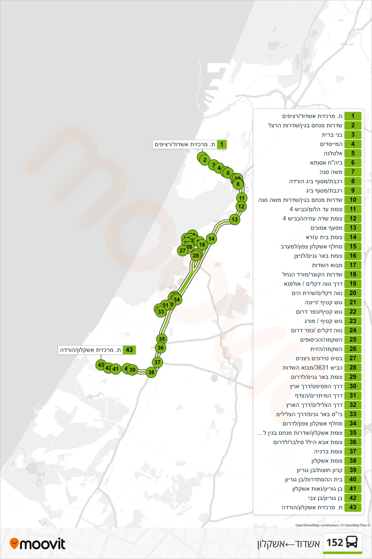 152  Line (Ashdod‎→Ashkelon) route and stops on a map