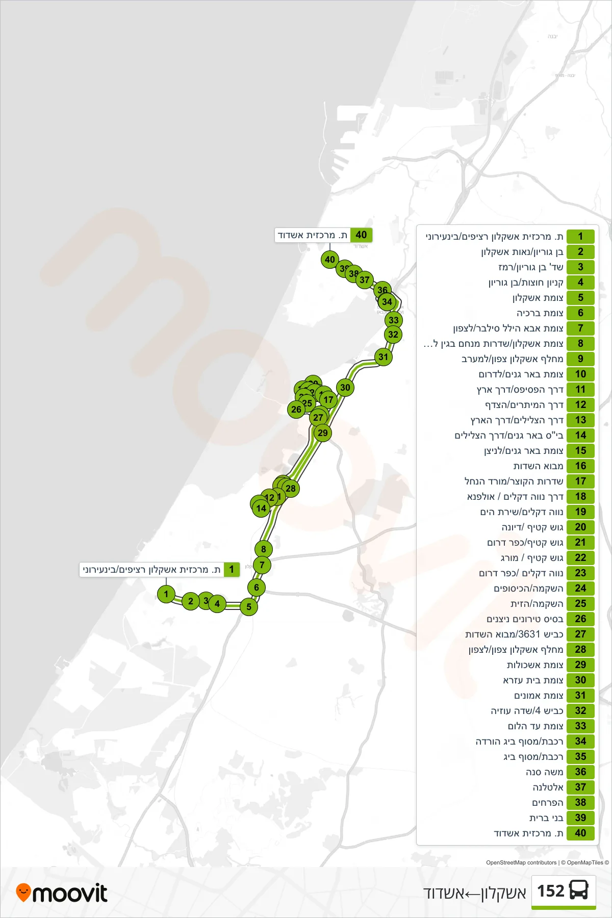 152  Line (Ashkelon‎→Ashdod) route and stops on a map