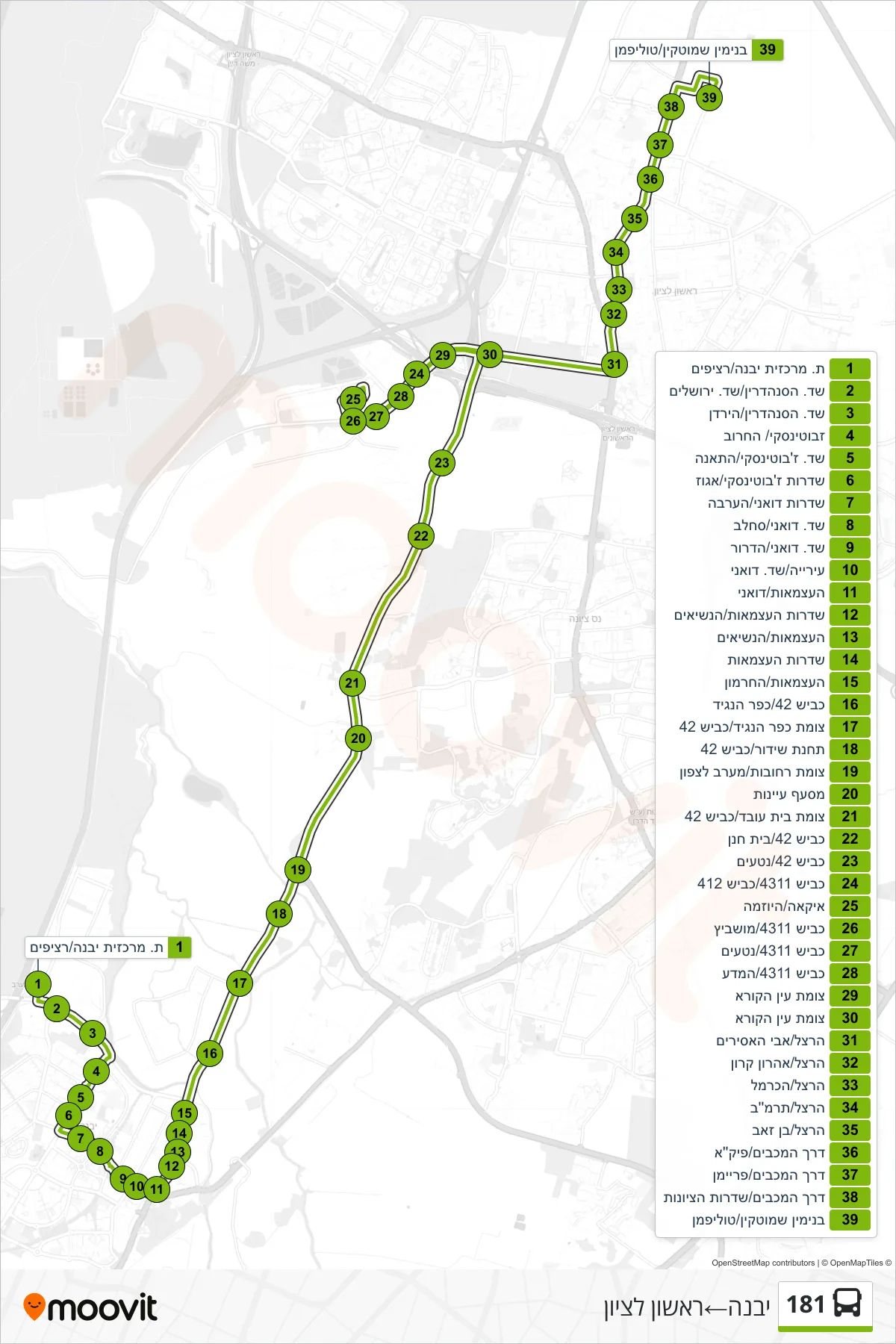 181  Line (Yavne‎→Rishon LeZion) route and stops on a map
