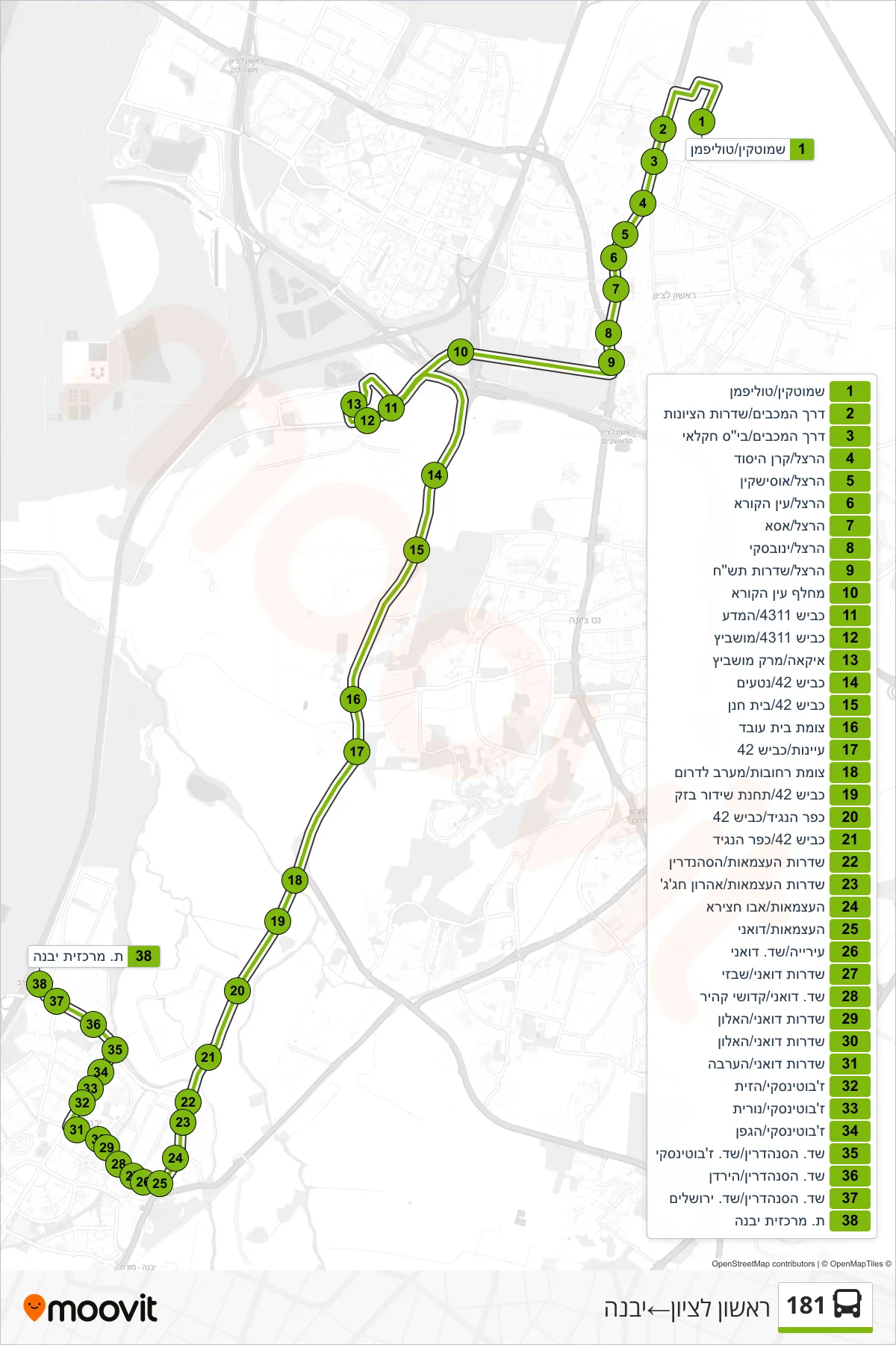 181 bus Line (Rishon LeZion‎→Yavne) route and stops on a map