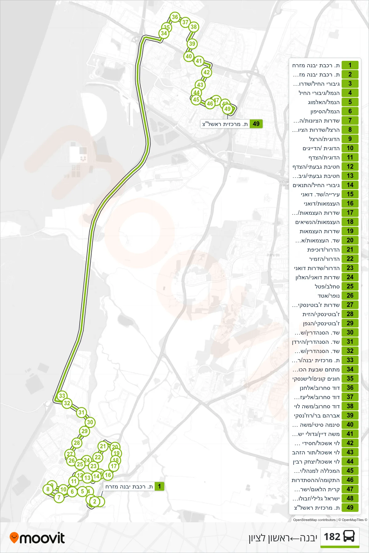 182 bus Line (Yavne‎→Rishon LeZion) route and stops on a map