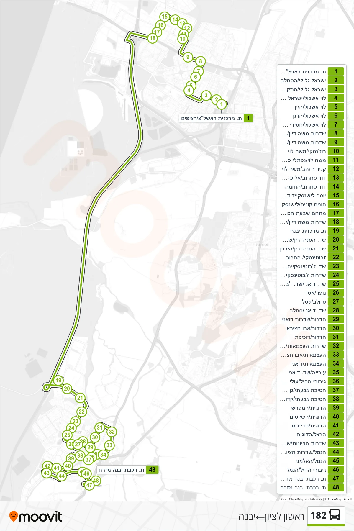 182 bus Line (Rishon LeZion‎→Yavne) route and stops on a map