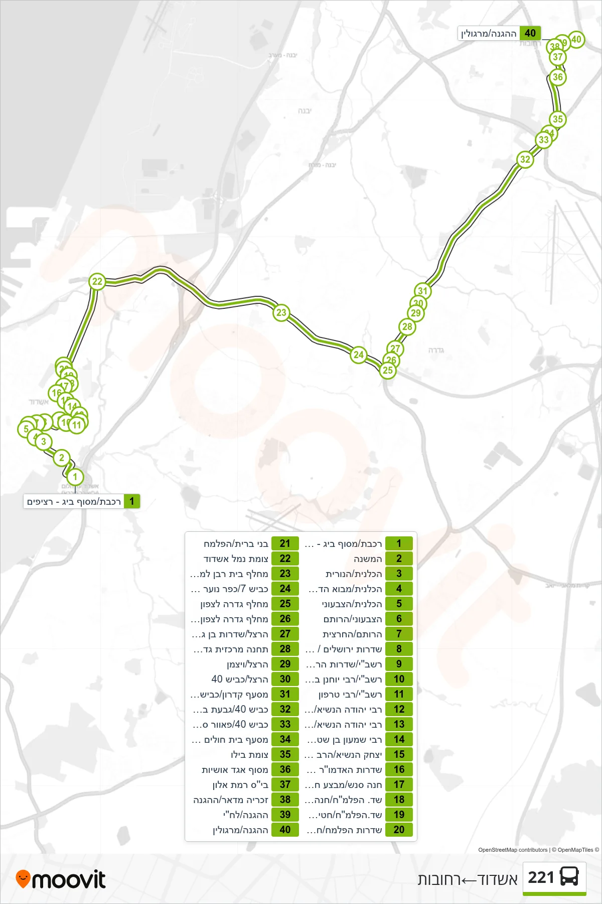 221 bus Line (Ashdod‎→Rehovot) route and stops on a map