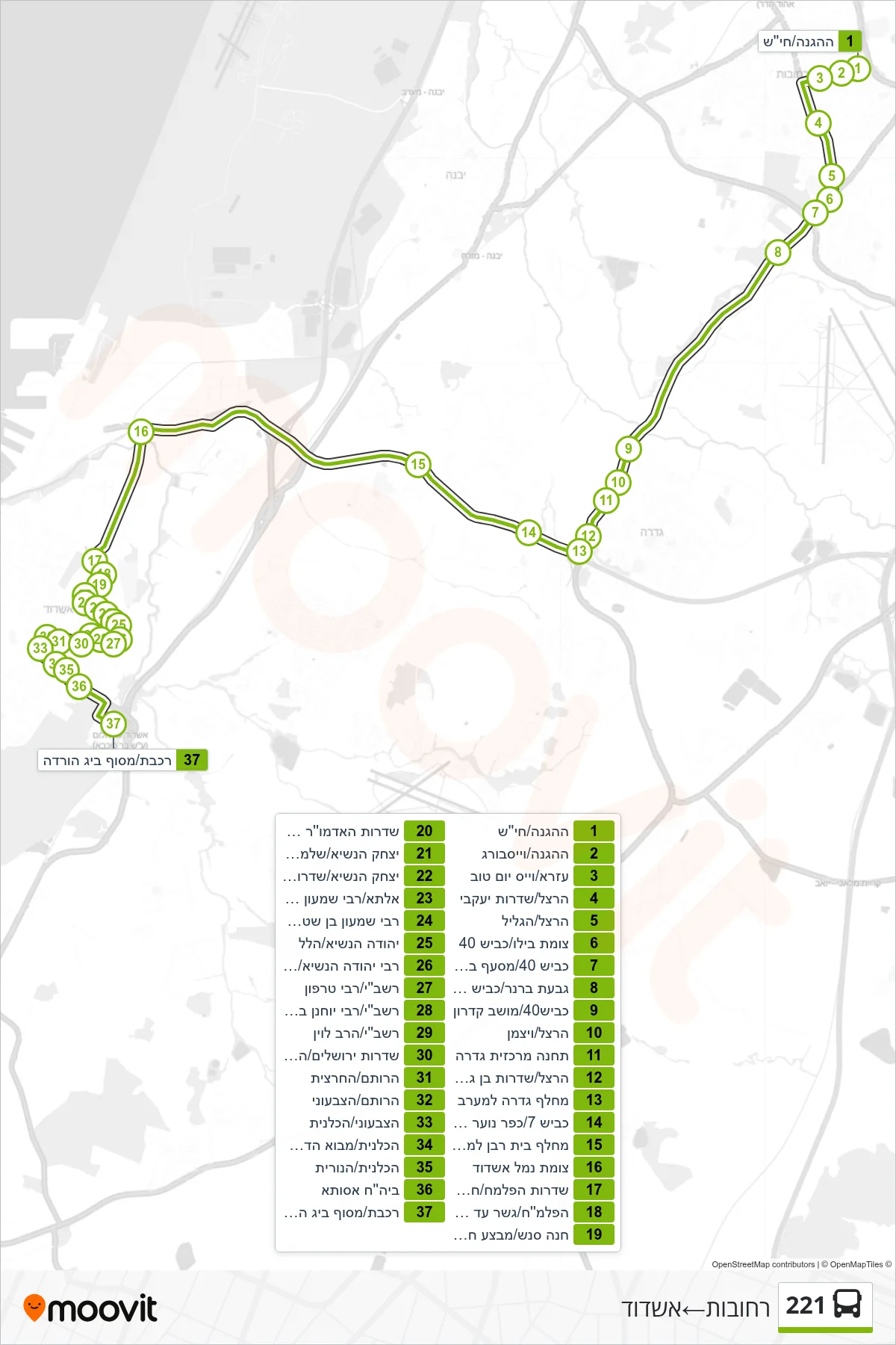 221 bus Line (Rehovot‎→Ashdod) route and stops on a map