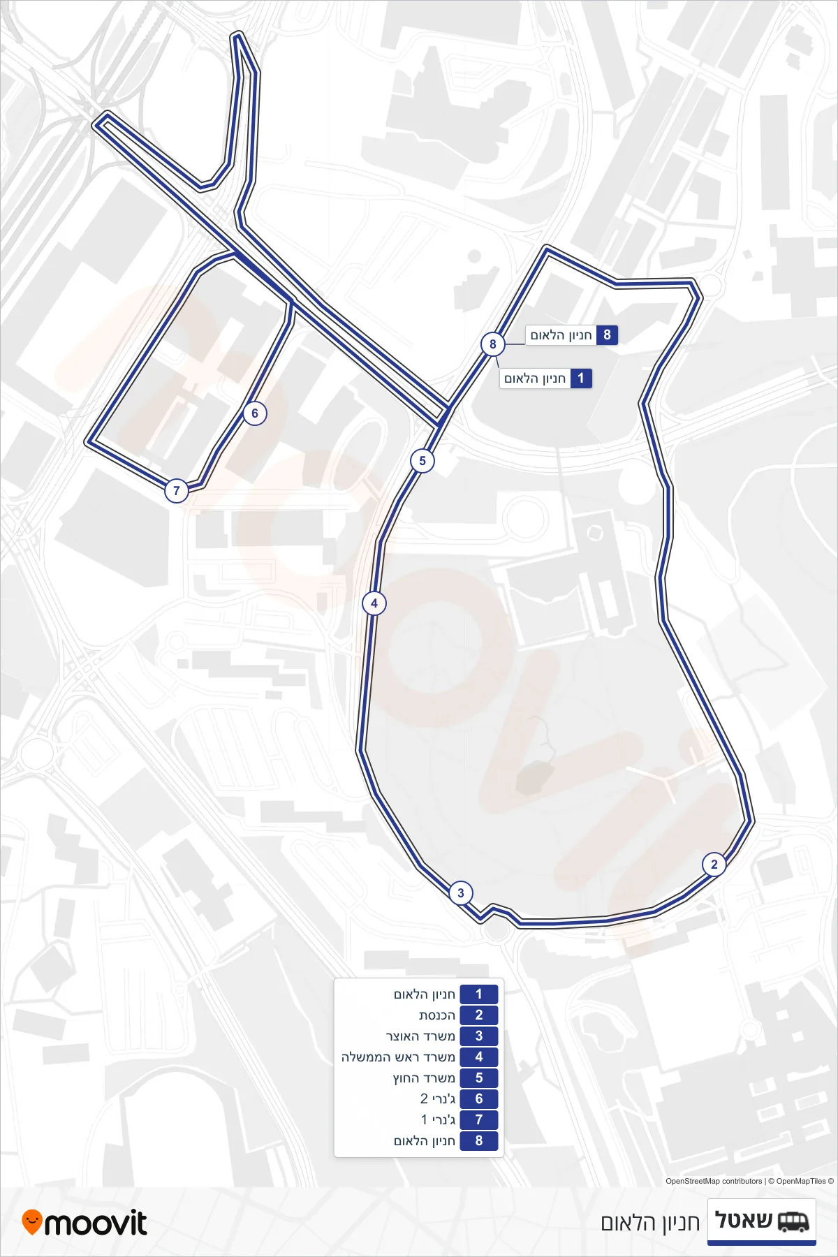 Shuttle shuttle Line (HaLeom Parking) route and stops on a map