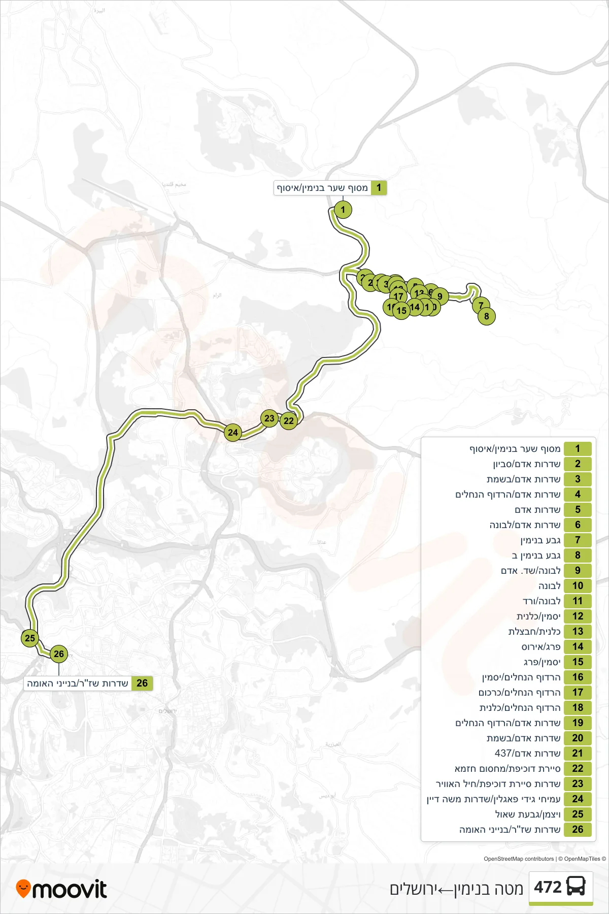 472 bus Line (Mateh Binyamin→Jerusalem) route and stops on a map