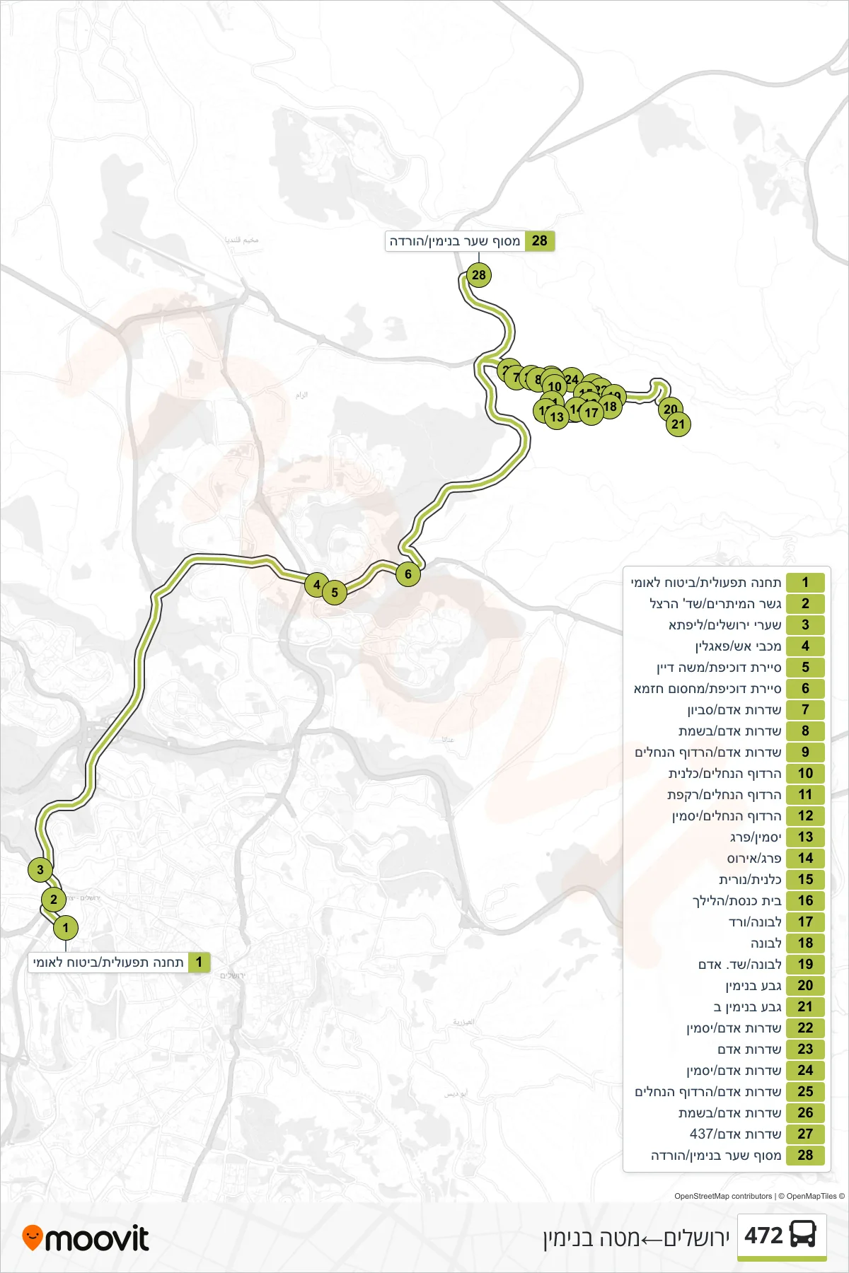 472 bus Line (Jerusalem‎→Mateh Binyamin) route and stops on a map