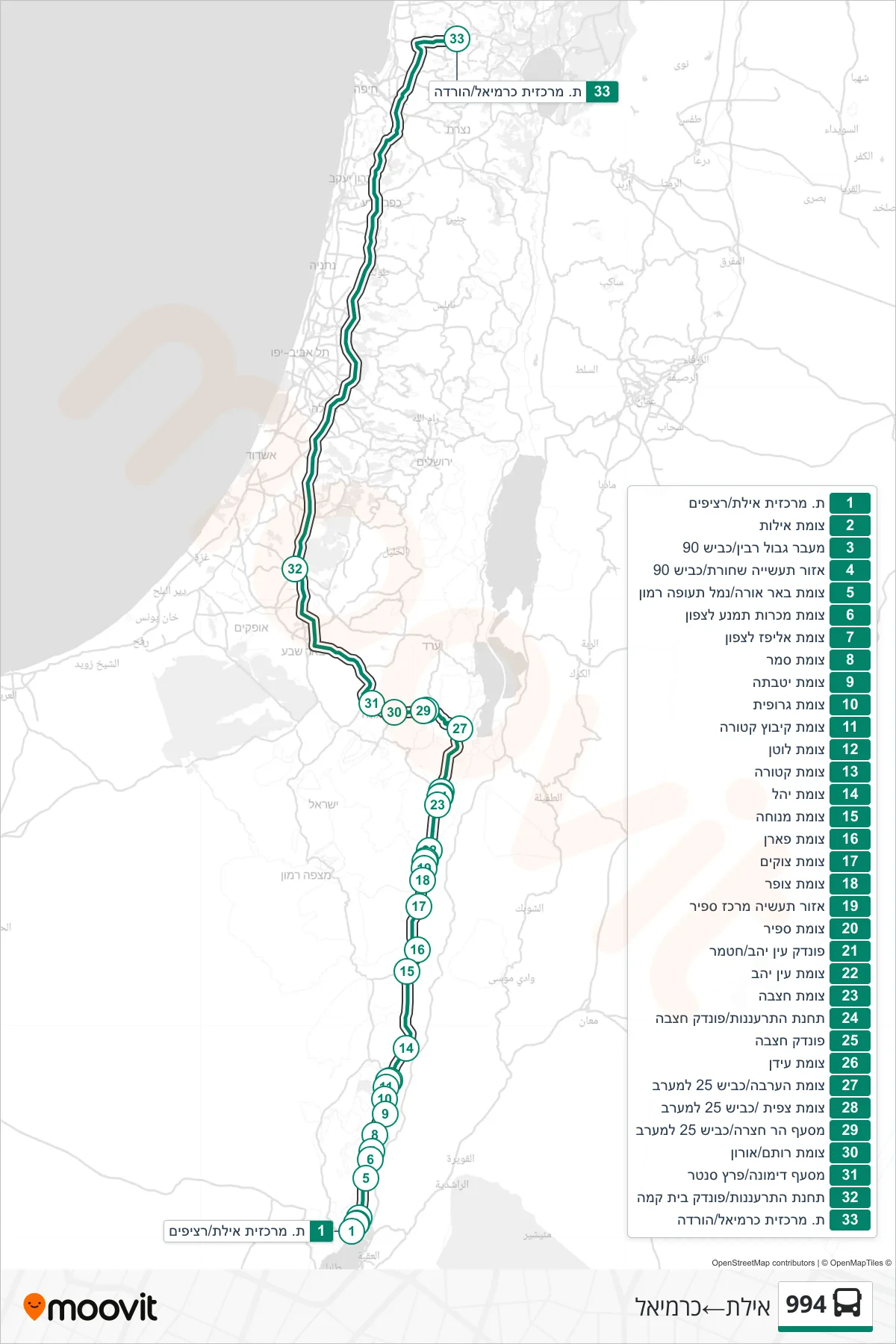 994 bus Line (Eilat‎→Carmiel) route and stops on a map