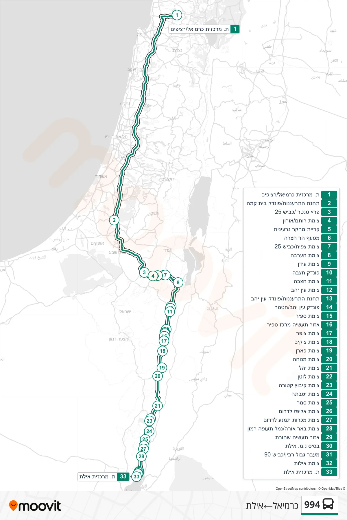 994 bus Line (Carmiel‎→Eilat) route and stops on a map