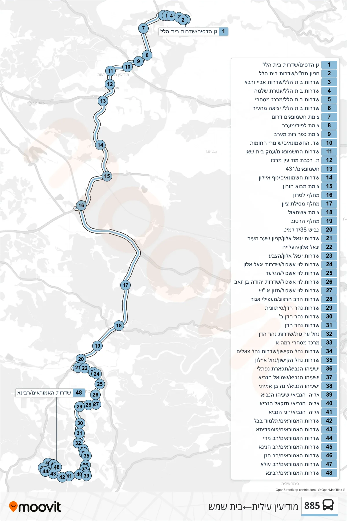 885 bus Line (Modi'in Illit→Beit Shemesh) route and stops on a map