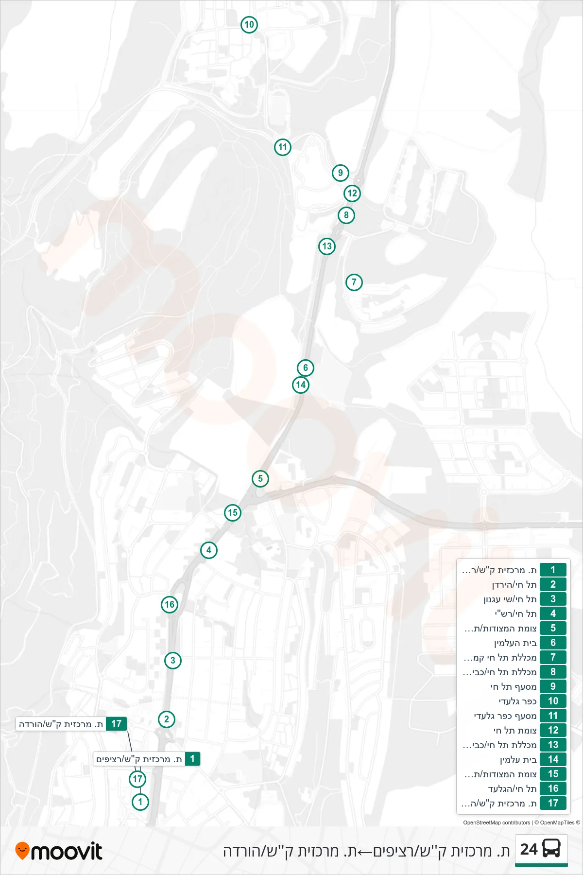 24 bus Line (Kiryat Shmona Central Station/Platforms‎→Kiryat Shmona Central Station/Drop-off) route and stops on a map