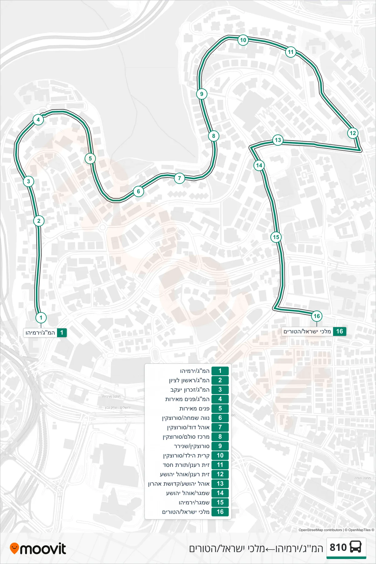 810 bus Line (HaMag/Yirmiyahu‎→Malchei Israel/HaTurim) route and stops on a map