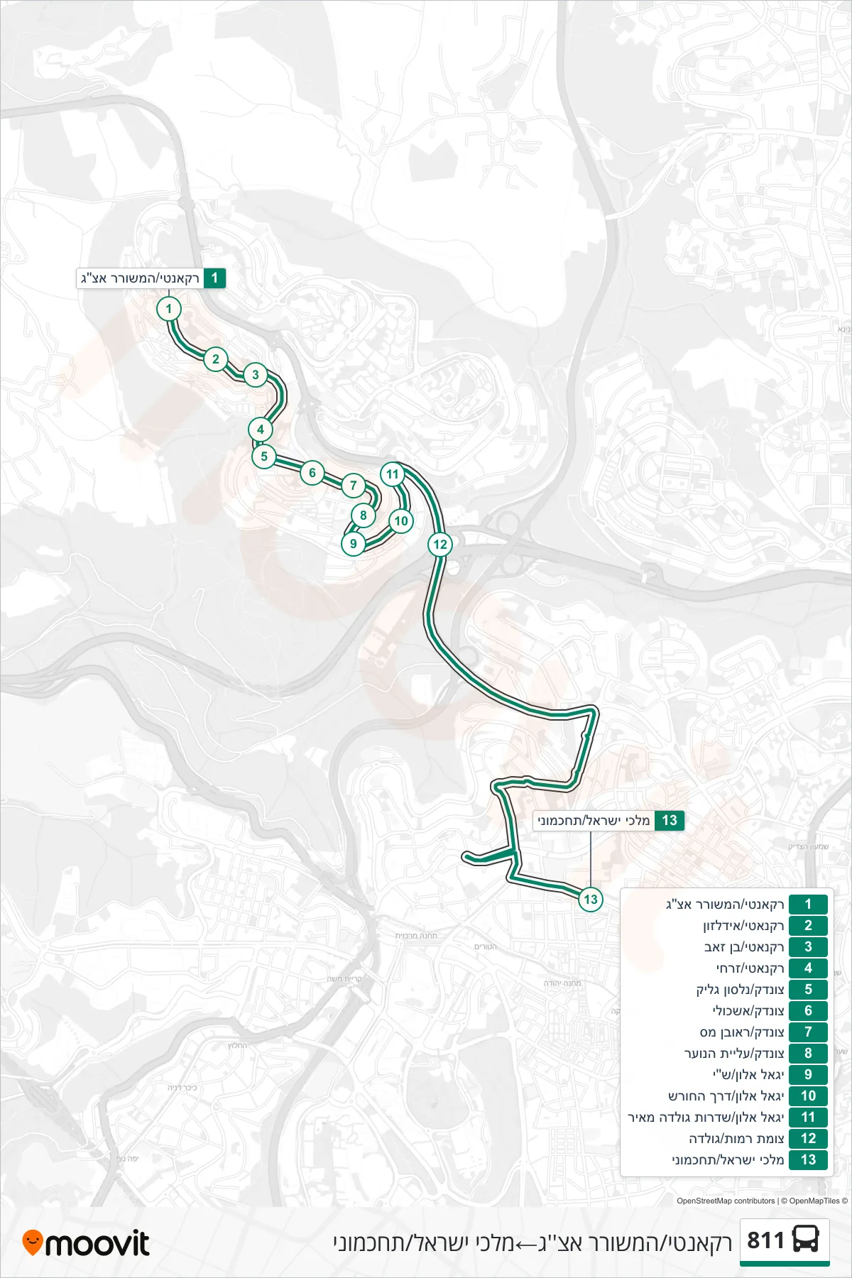 811 bus Line (Recanati/AG Poet‎→Malchei Israel/Tachkemoni) route and stops on a map