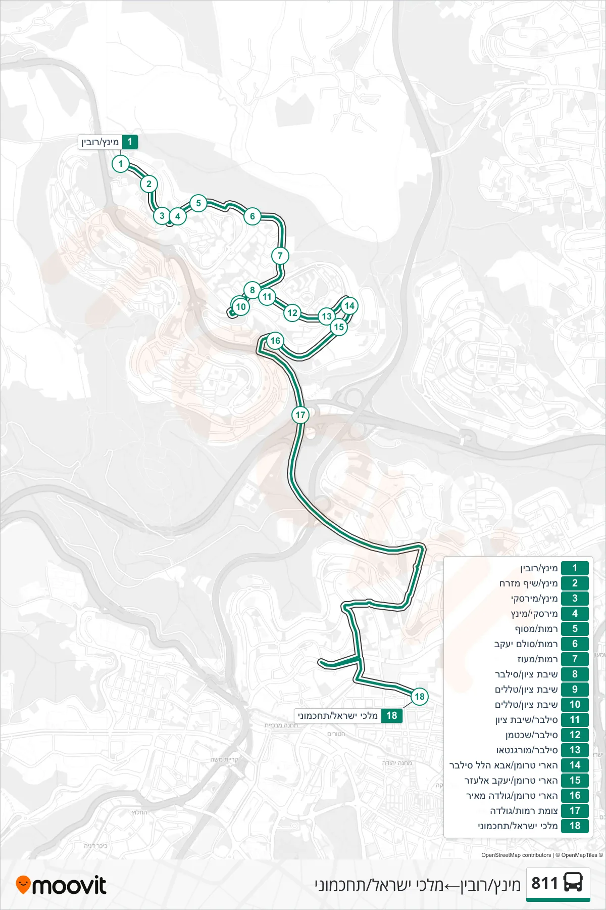 811 bus Line (Mintz/Rubin‎→Malchei Israel/Tachkemoni) route and stops on a map