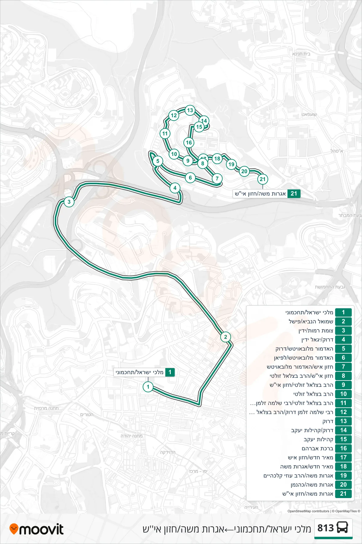 813 bus Line (Malchei Israel/Tachkemoni‎→Igrot Moshe/Chazon Ish) route and stops on a map