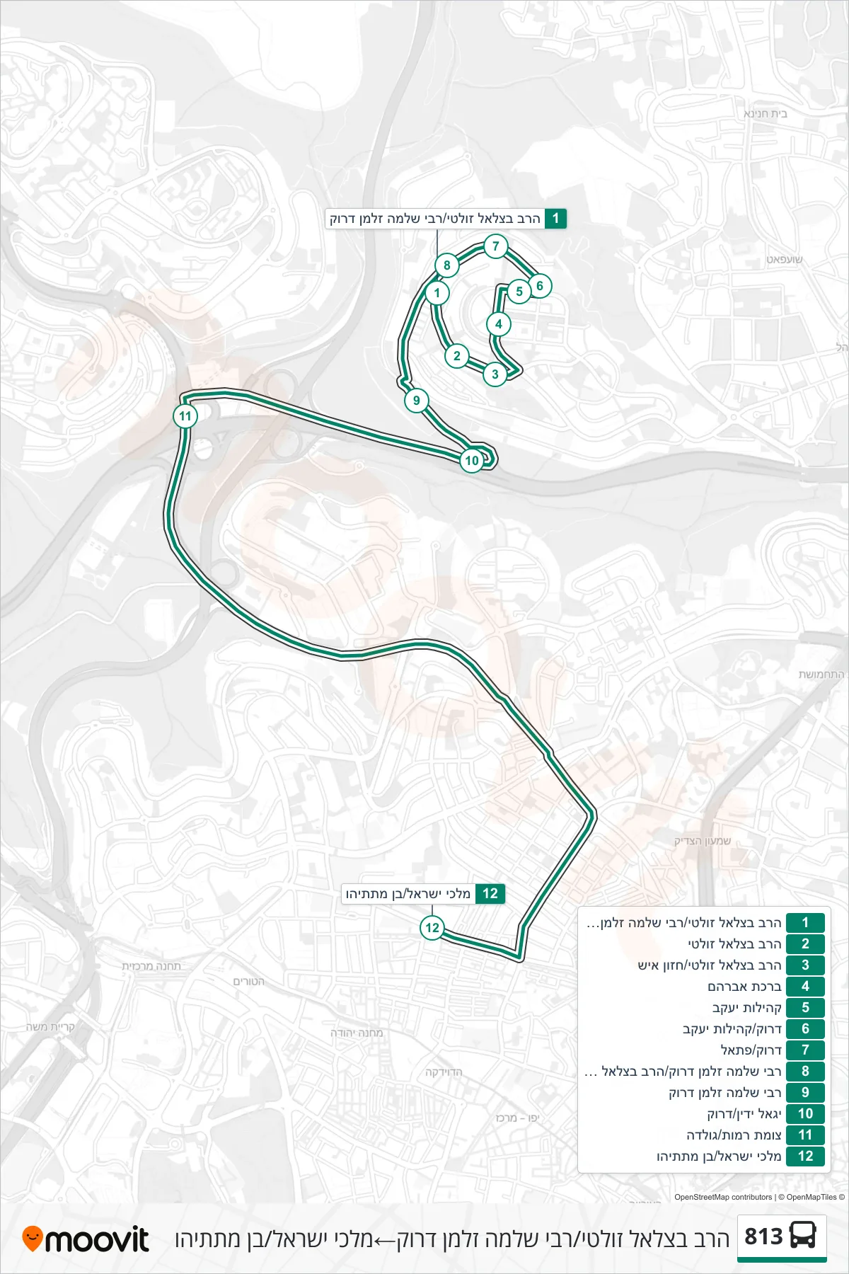 813 bus Line (Rabbi Bezalel Zolty/Rabbi Shlomo Zalman Druck→Malchei Israel/Ben Matityahu) route and stops on a map